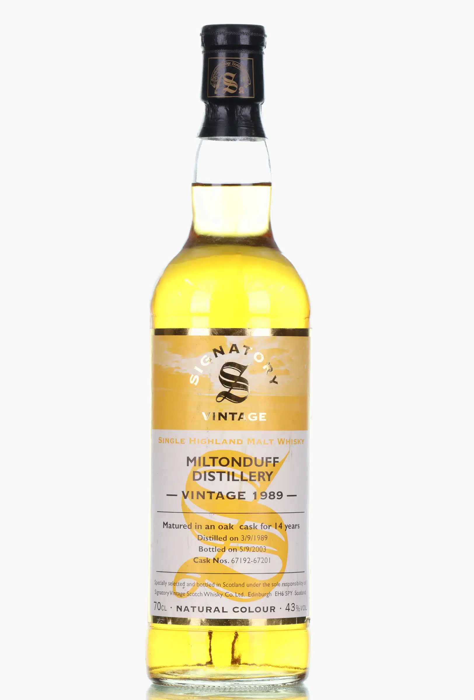 Miltonduff 14 Year Old, Oak Cask, Cask #67192-67201, 1989, Signatory Vintage, 43% whisky bottle