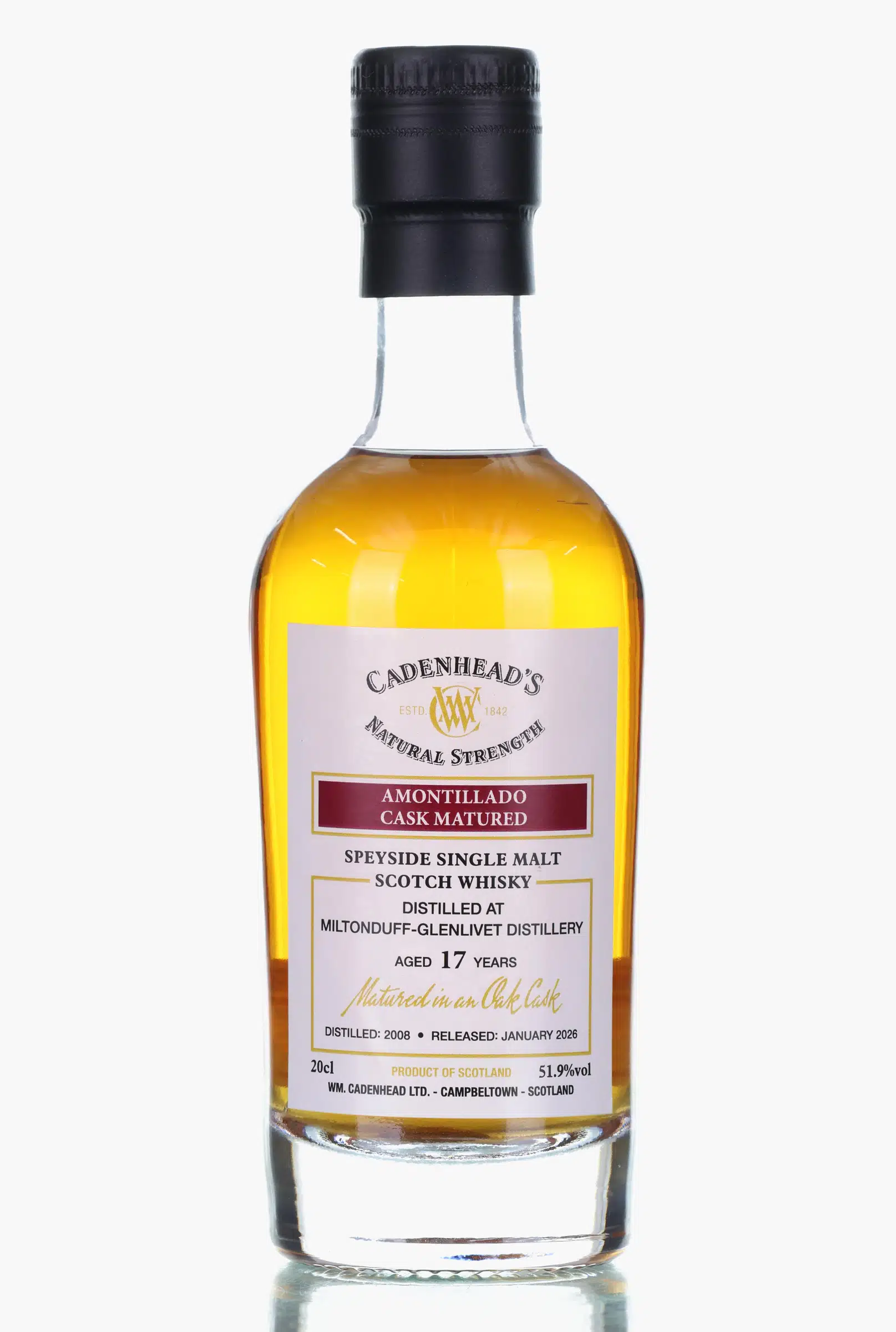 Miltonduff Natural Strength 17 Year Old, Amontillado Cask, 2008, Cadenhead's, 51.9% whisky bottle