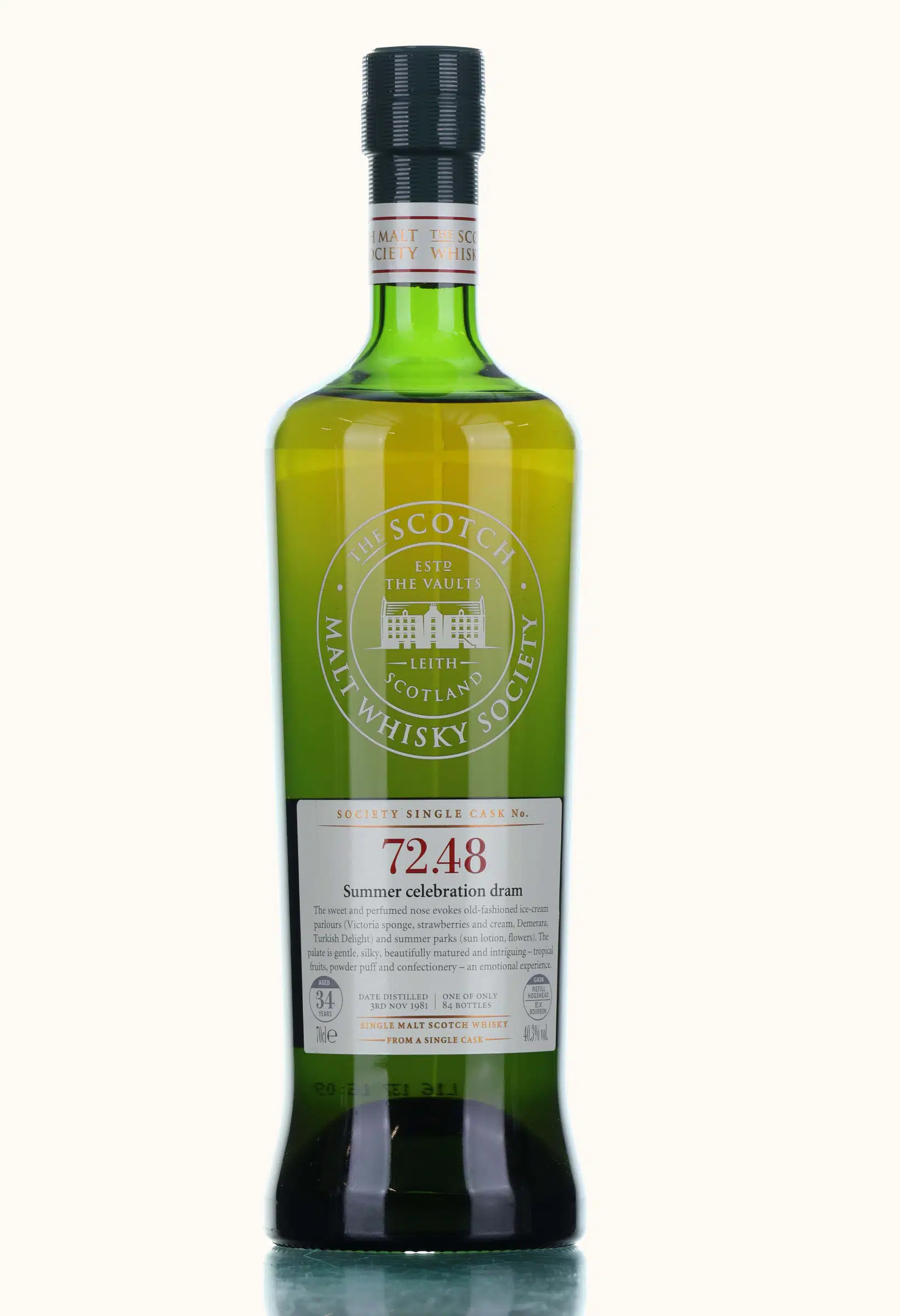 Miltonduff Summer Celebration Dram 34 Year Old, Bourbon Cask, Cask #72.48, 1981, The Scotch Malt Whisky Society, 40.3% whisky bottle
