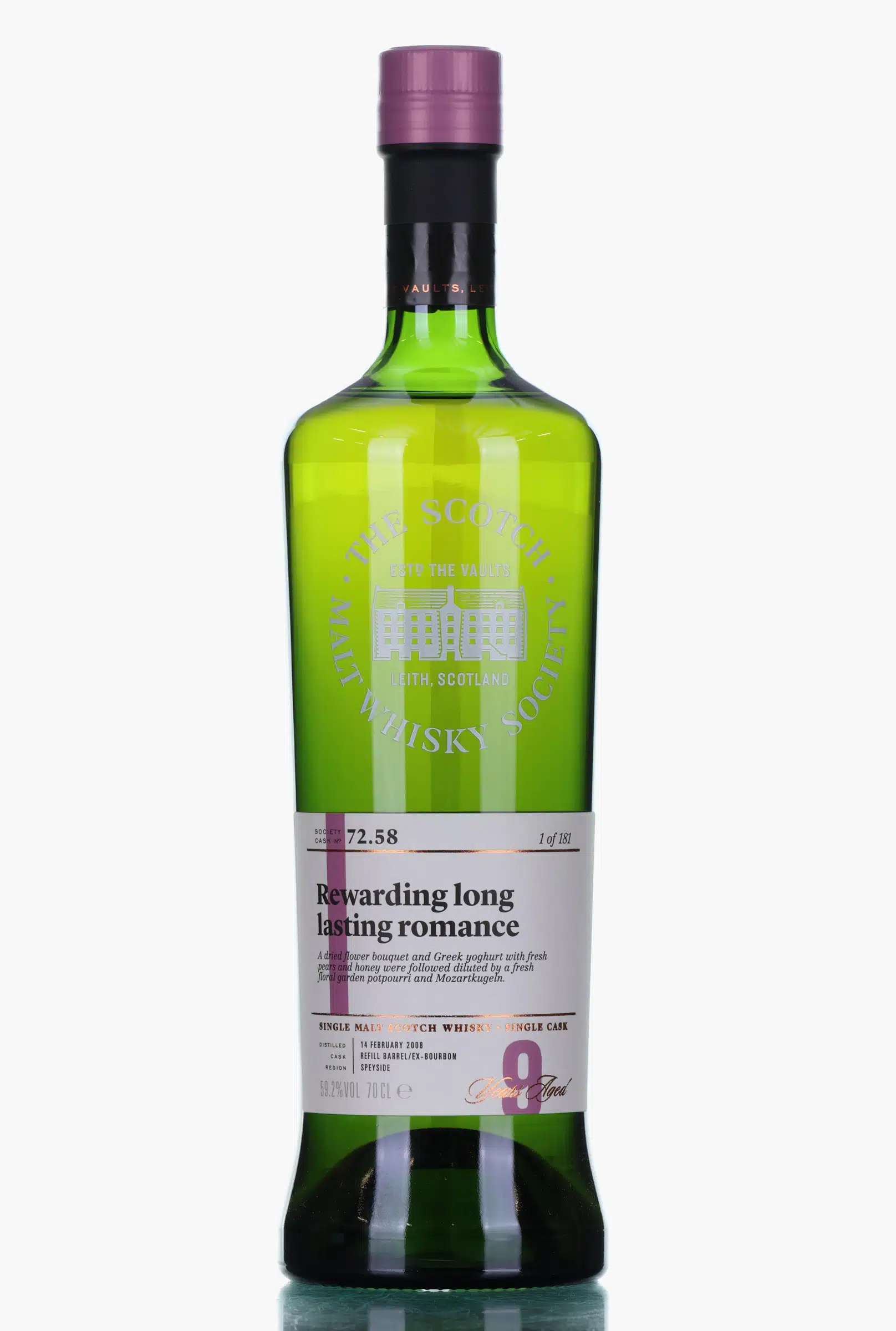 Miltonduff Rewarding Long Lasting Romance 9 Year Old, Bourbon Cask, Cask #72.58, 2008, The Scotch Malt Whisky Society, 59.2% whisky bottle