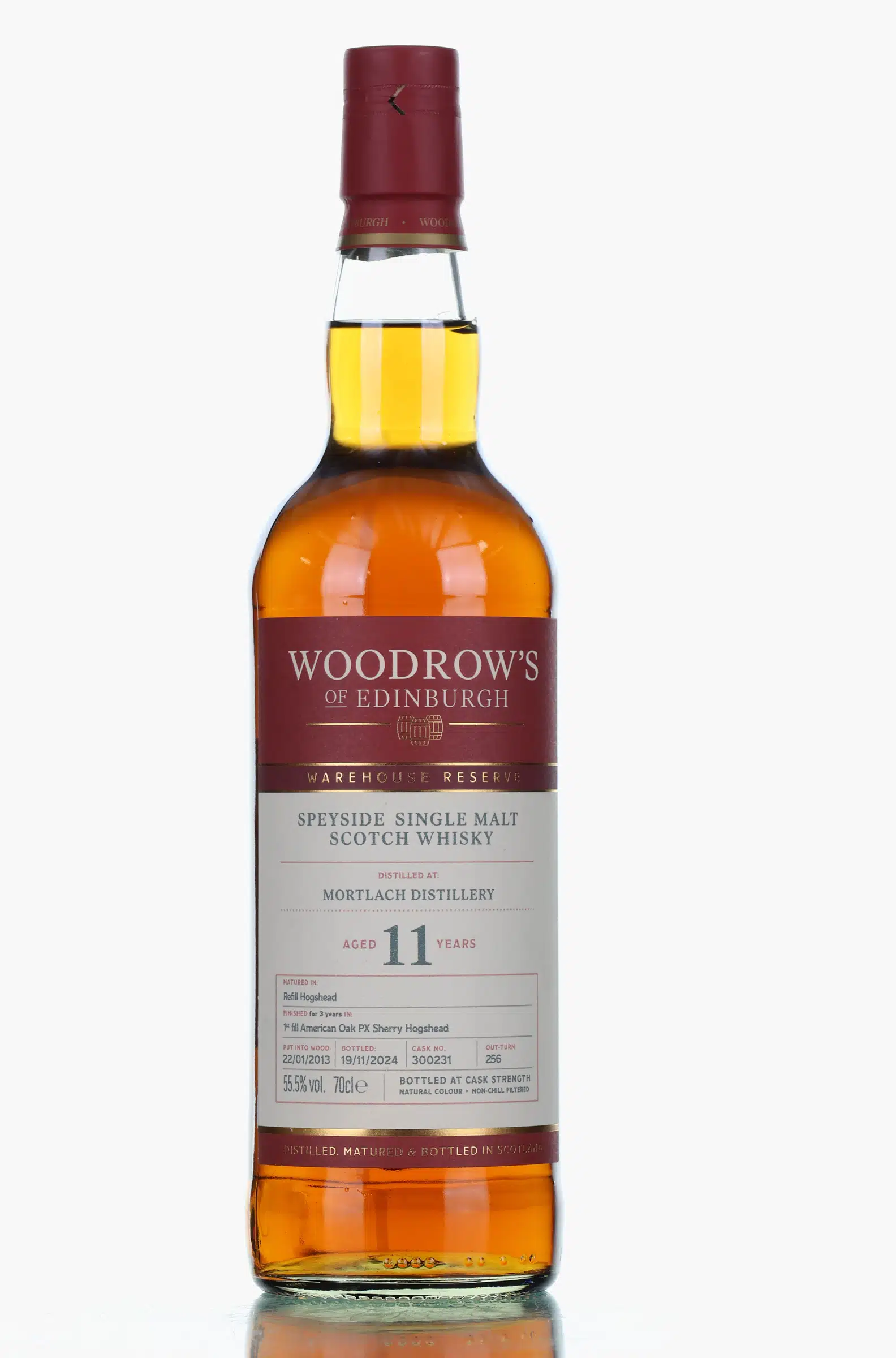 Mortlach 11 Year Old, PX Sherry Hogshead Cask, Cask #300231, 2013, Woodrow's of Edinburgh, 55.5% whisky bottle