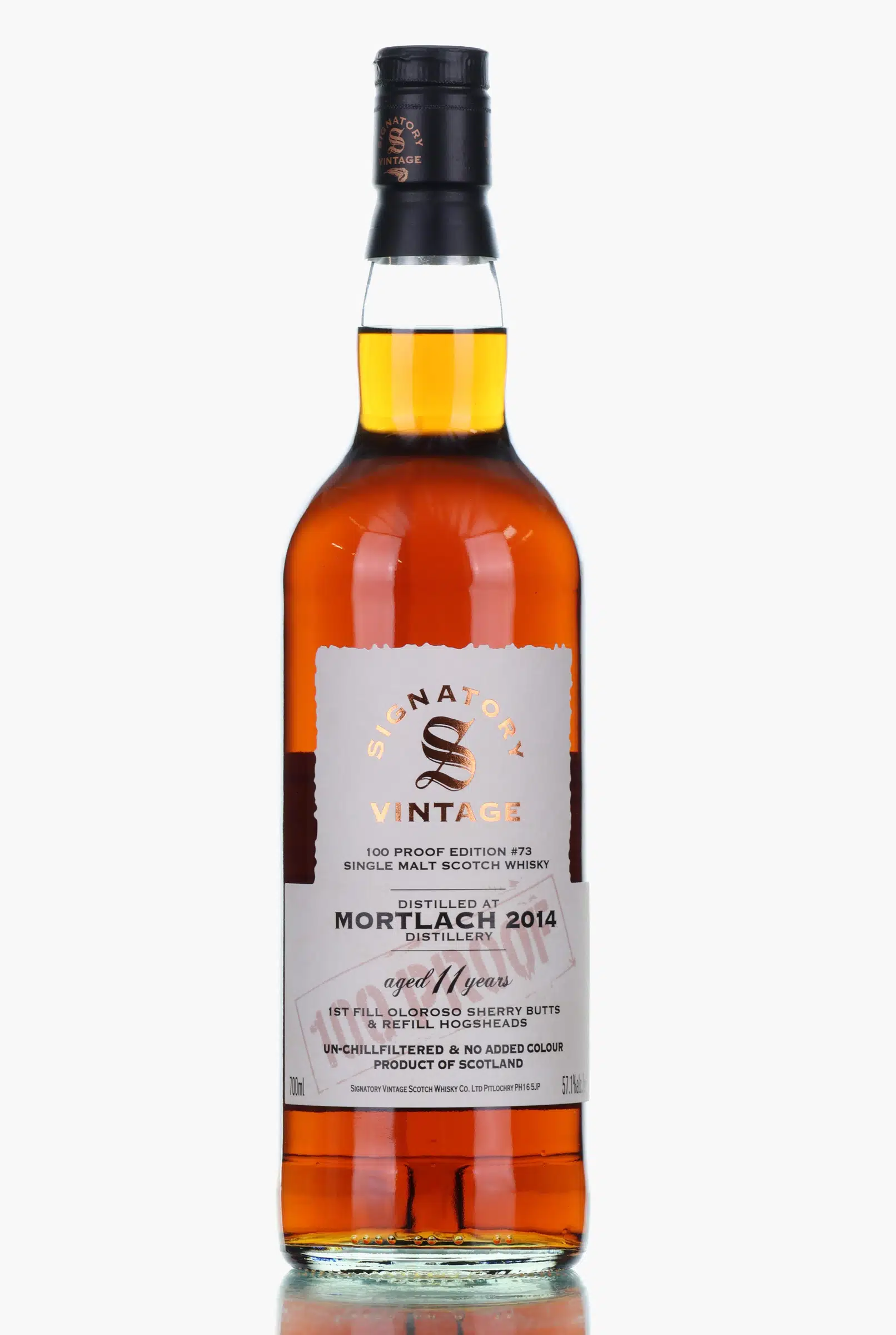 Mortlach 100 Proof Edition 11 Year Old, Oloroso Sherry Butts & Hogsheads Cask, No. 73, 2014, Signatory Vintage, 57.1% whisky bottle