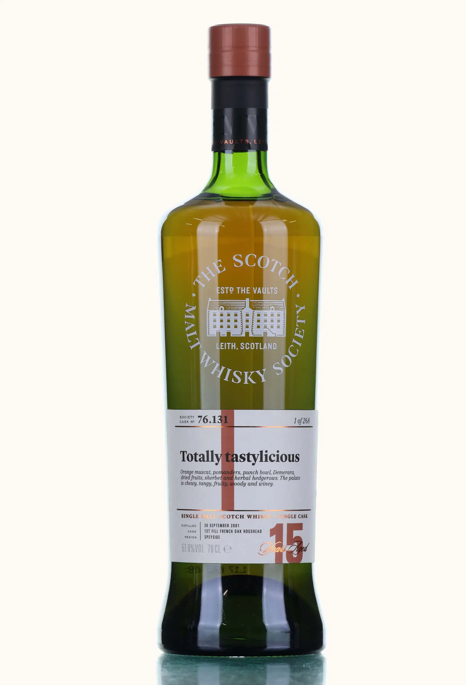 Mortlach Totally tastylicious 15 Year Old, Bourbon & French Oak Cask, Cask #76.131, 2001, The Scotch Malt Whisky Society, 57.8% whisky bottle