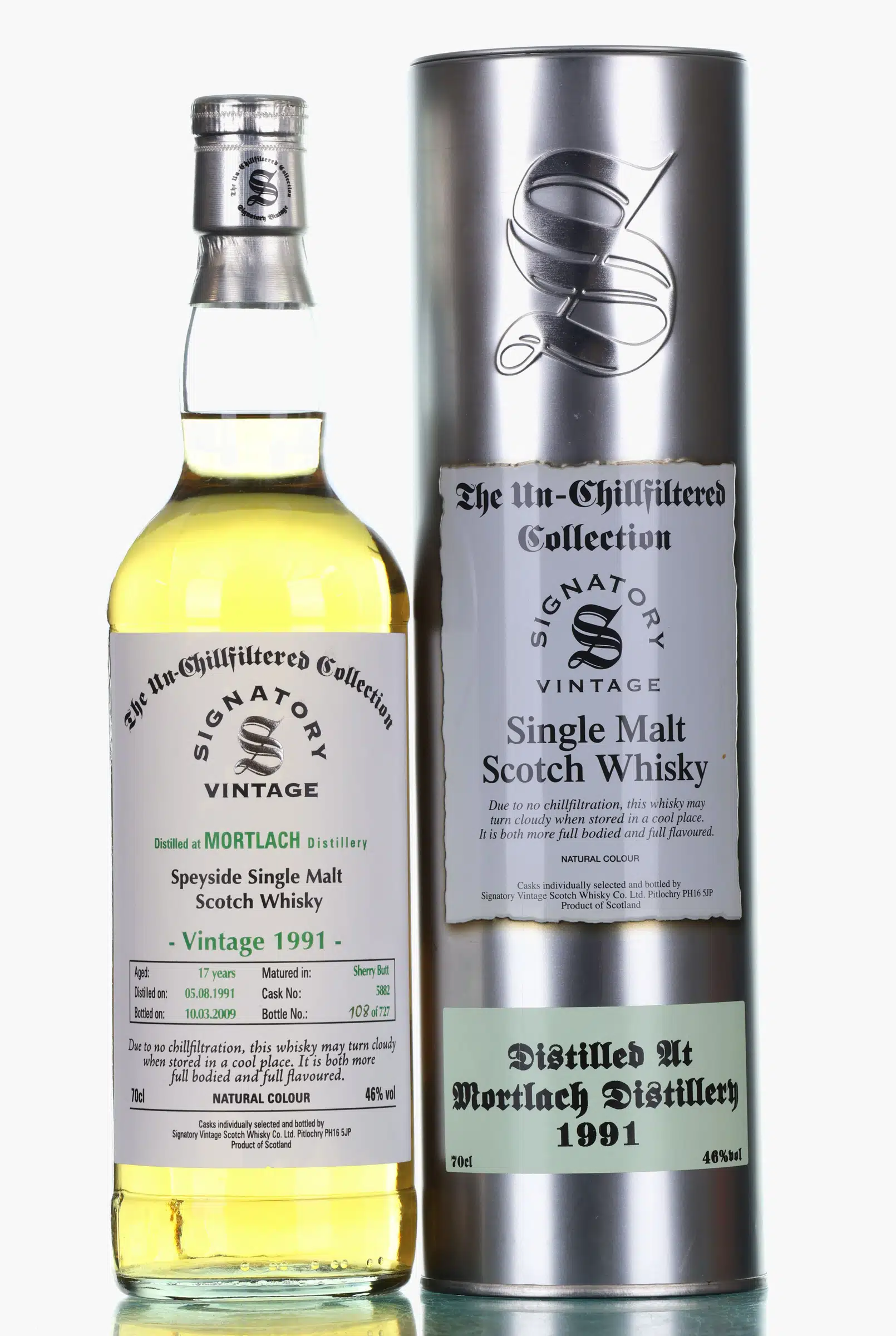 Mortlach 17 Year Old, Sherry Cask, Cask #5882, 1991, Signatory Vintage, 46% whisky bottle