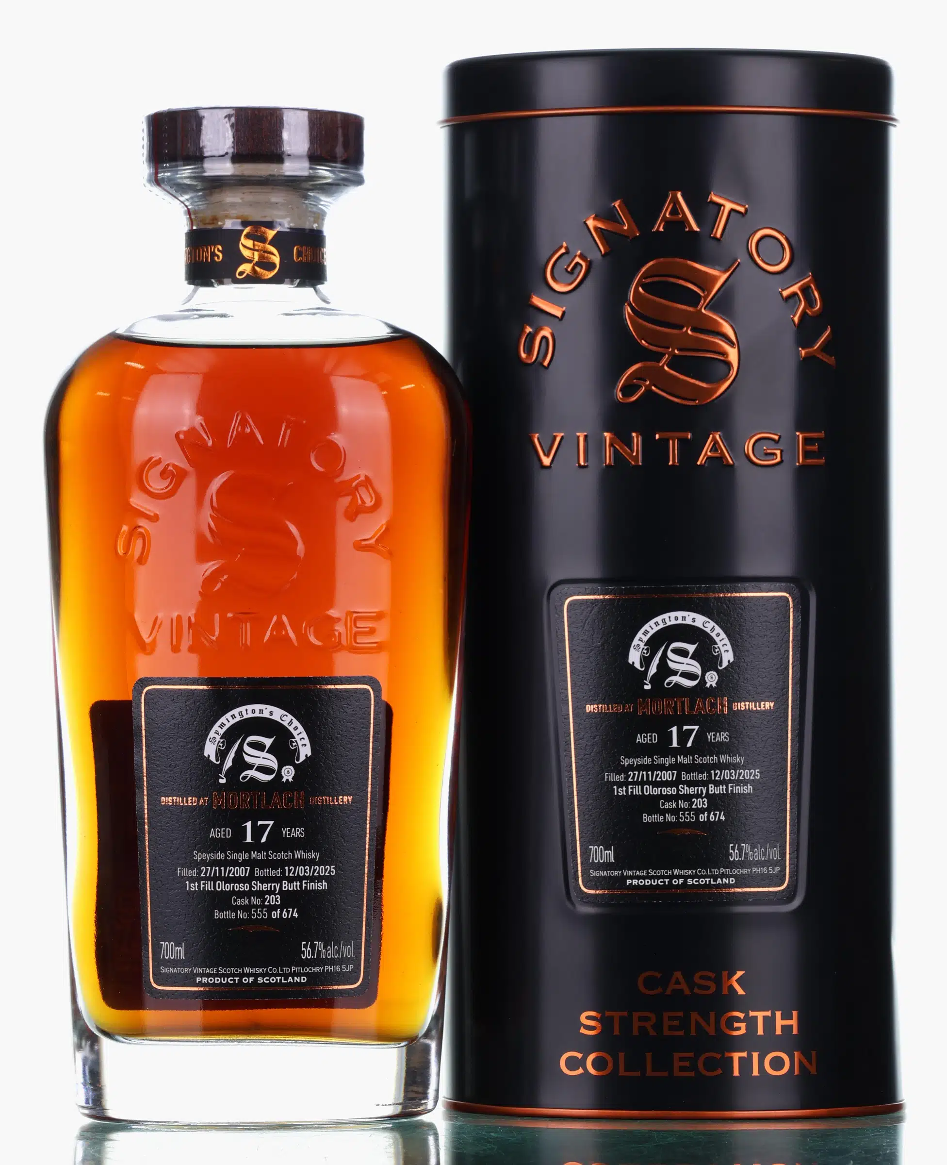 Mortlach Symington's Choice 17 Year Old, Oloroso Sherry Cask, Cask #203, 2007, Signatory Vintage, 56.7% whisky bottle