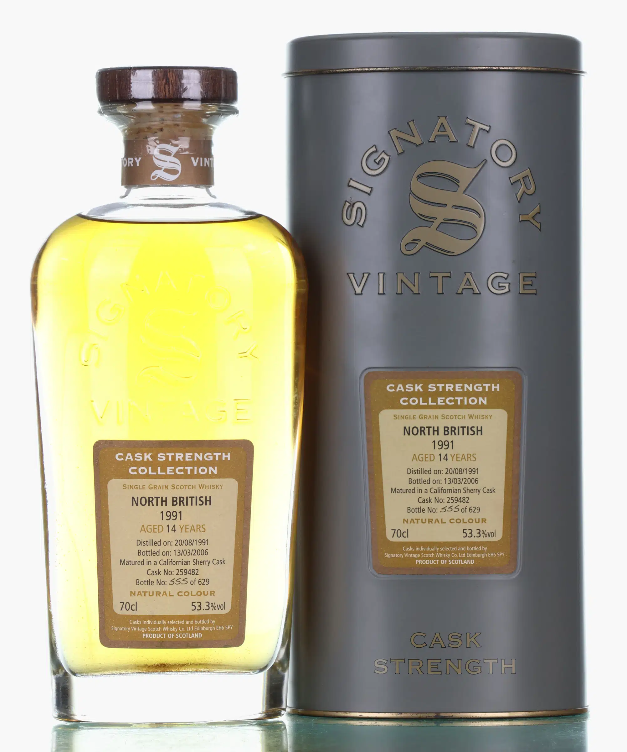 North British 14 Year Old, Sherry Cask, Cask #259482, 1991, Signatory Vintage, 53.3% whisky bottle