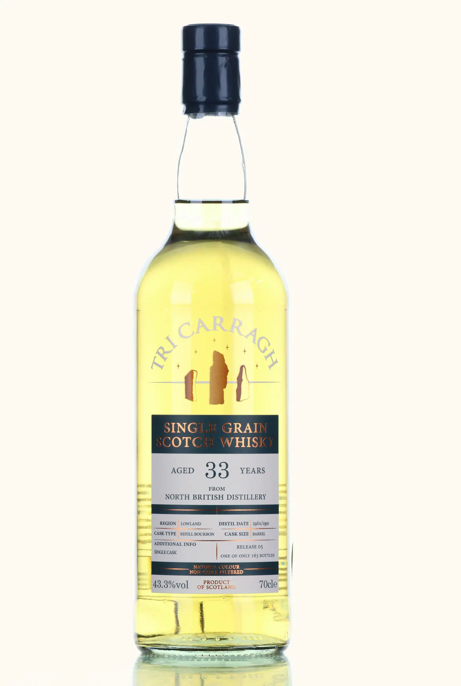 North British 1991 33 Year Old Tri Carragh, Refill Bourbon Barrel Cask, 1991, Tri Carragh, 43.3% whisky bottle