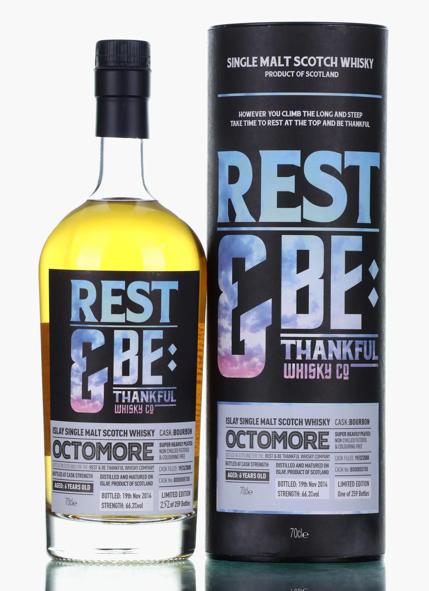 Bruichladdich Octomore 6 Years Old, Bourbon Cask, Cask #B000005708, 2008, Rest & Be Thankful Whisky Co., 66.3% whisky bottle