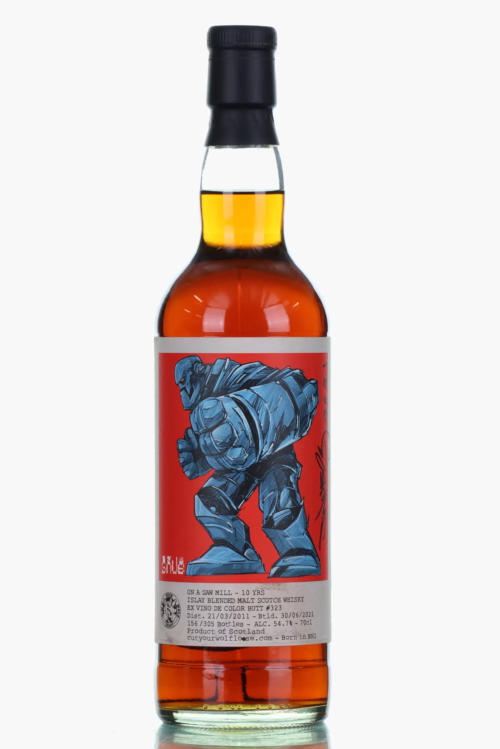 'On A Saw Mill' 10 Year Old Islay Blended Malt, Vino De Color Butt Cask, Cask #323, 2011, Cut Your Wolf Loose, 54.7% whisky bottle