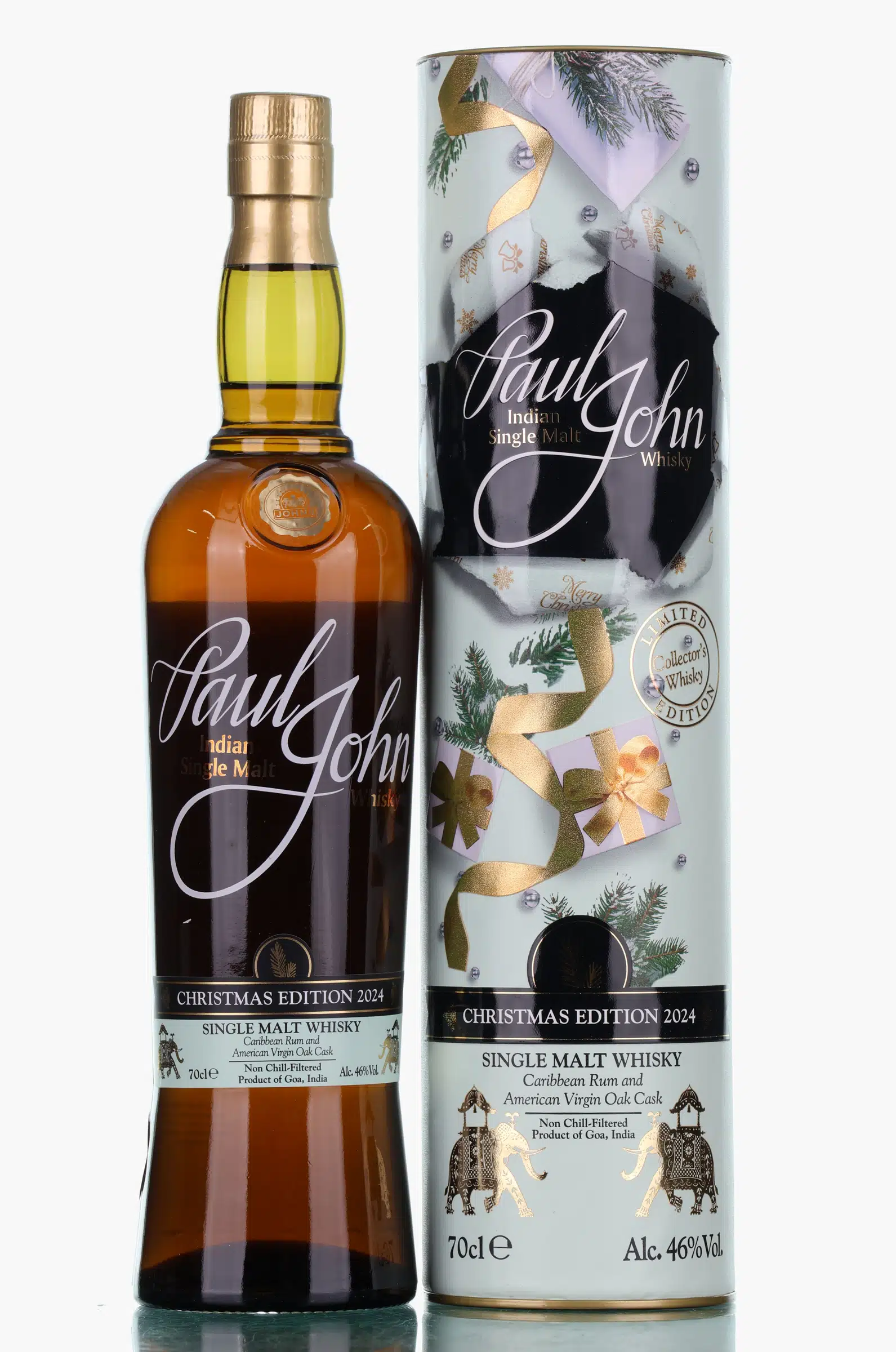 Paul John Christmas Edition 2024, Caribbean Rum & Virgin Oak Cask, Batch No. 01, 2024, 46% whisky bottle