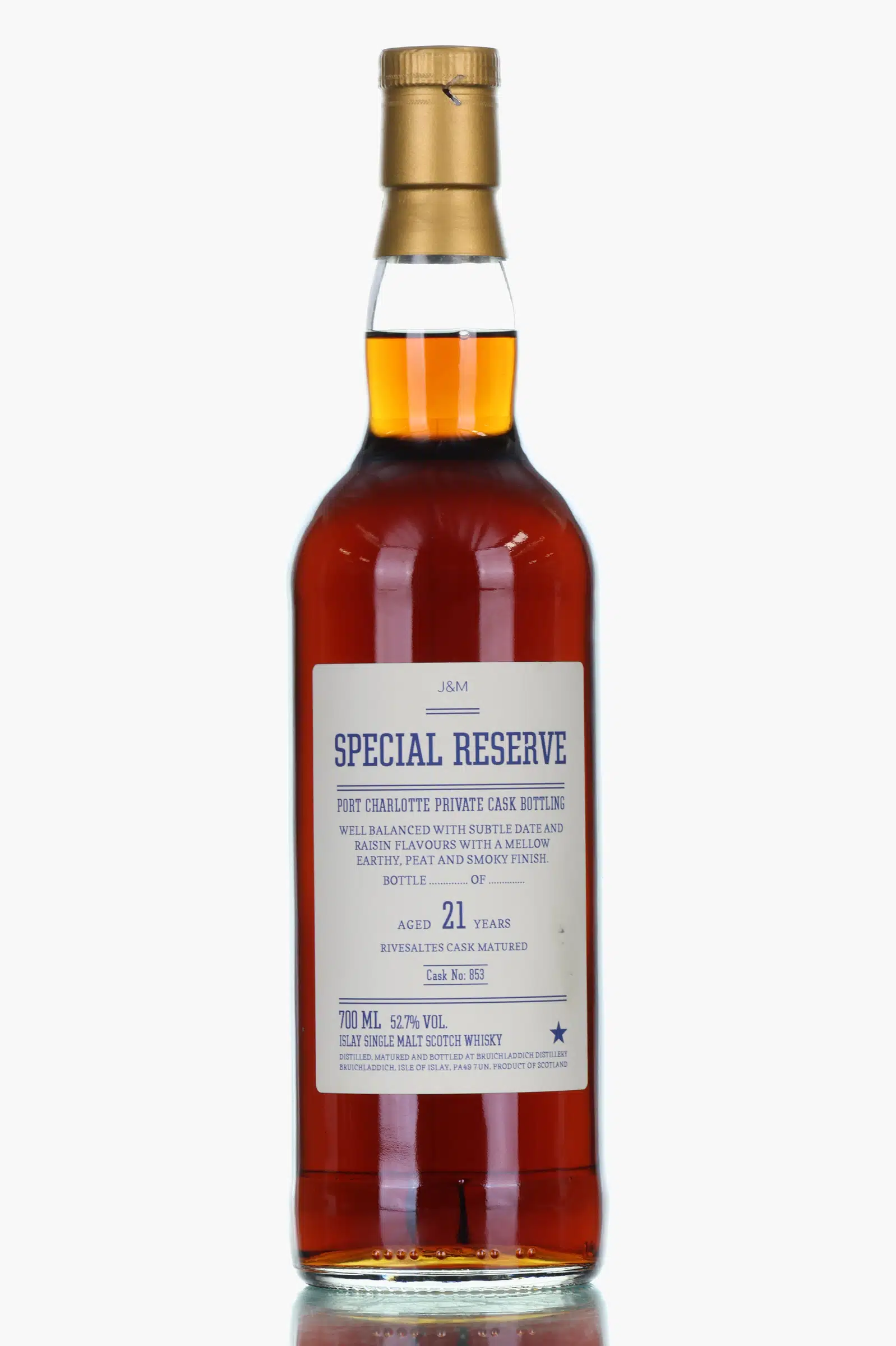 Port Charlotte Special Reserve 21 Year Old, Rivesaltes Cask, Cask #853, 52.7% whisky bottle