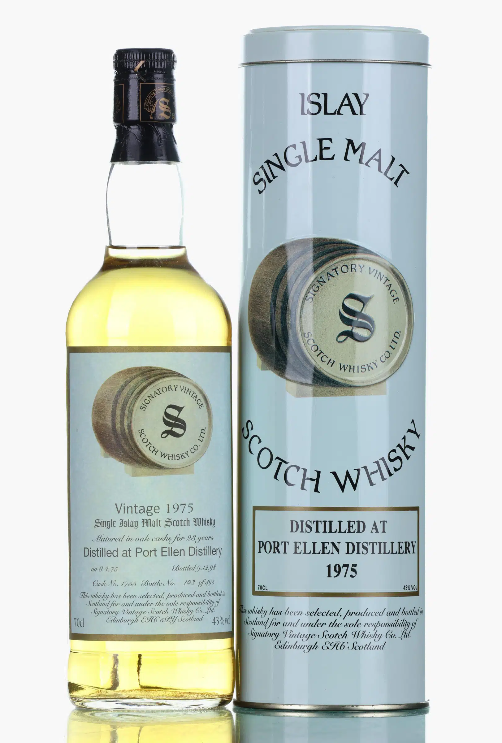 Port Ellen Signatory Vintage 23 Year Old, Oak Cask, Cask #163 & 165, 1975, Signatory Vintage, 43% whisky bottle