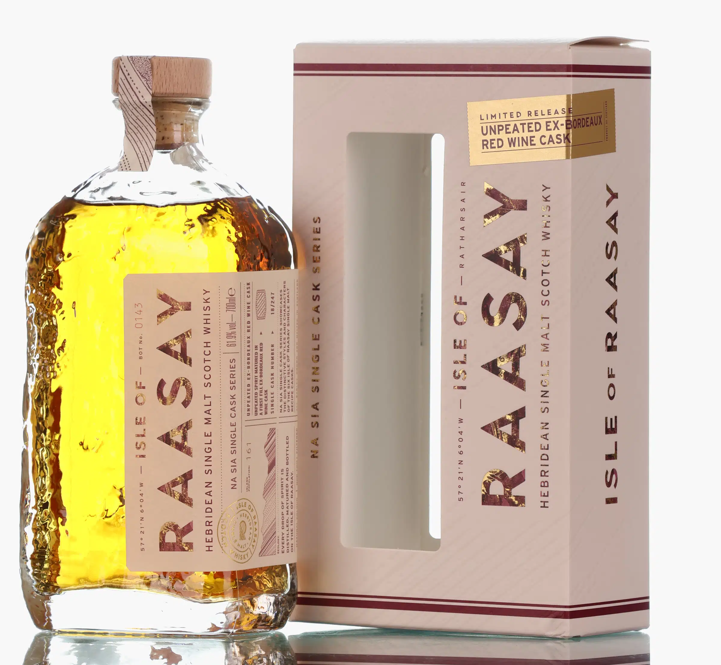 Raasay Na Sia Single Cask Series Unpeated Ex-Bordeaux Red Wine 3 Year Old, Ex-Bordeaux Red Wine Cask, Cask #18/247, Lot No. 0143, 2022, 61.9% whisky bottle