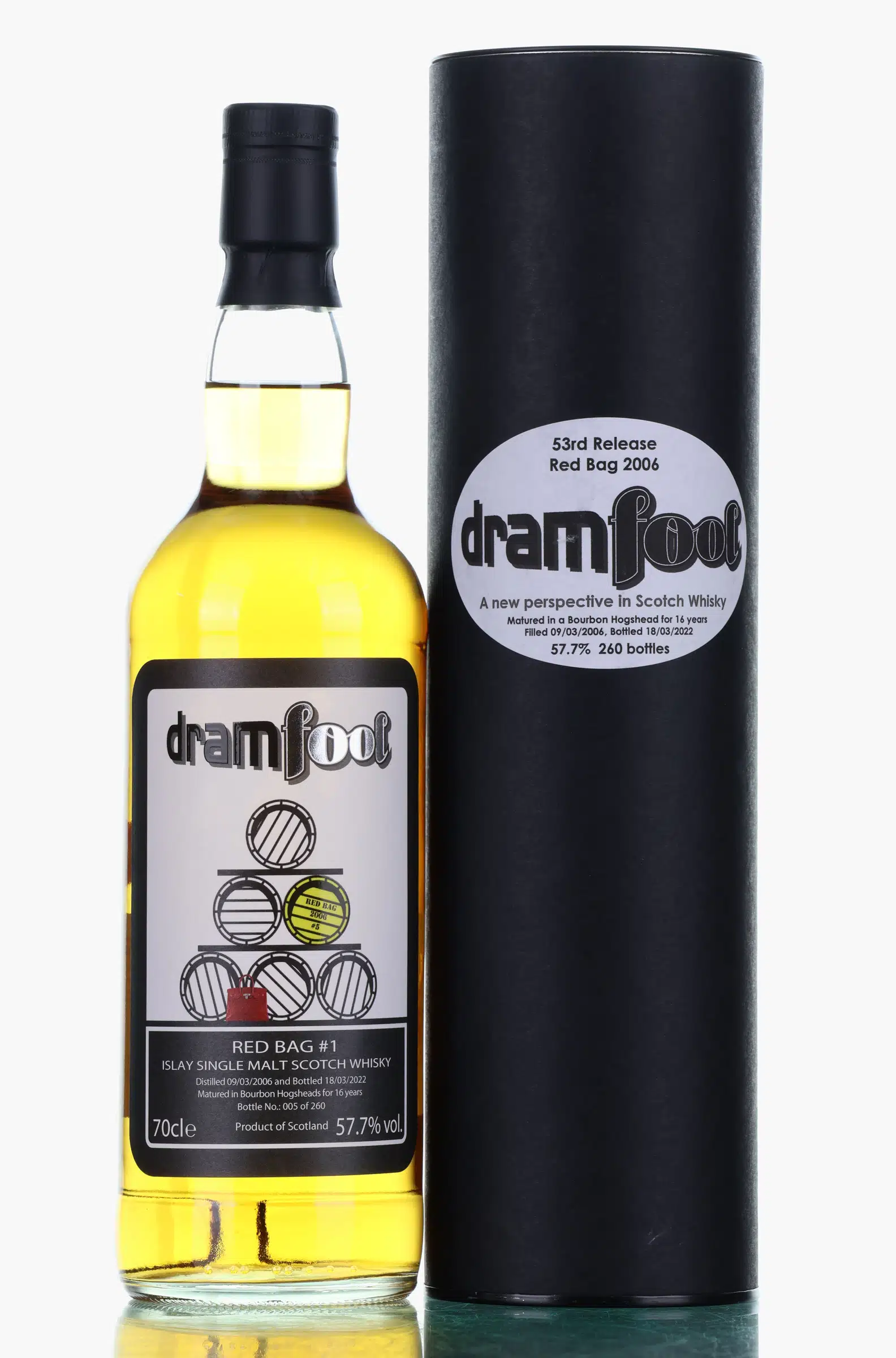 Ardbeg Red Bag #1 16 Year Old, Bourbon Cask, 2006, Dramfool, 57.7% whisky bottle
