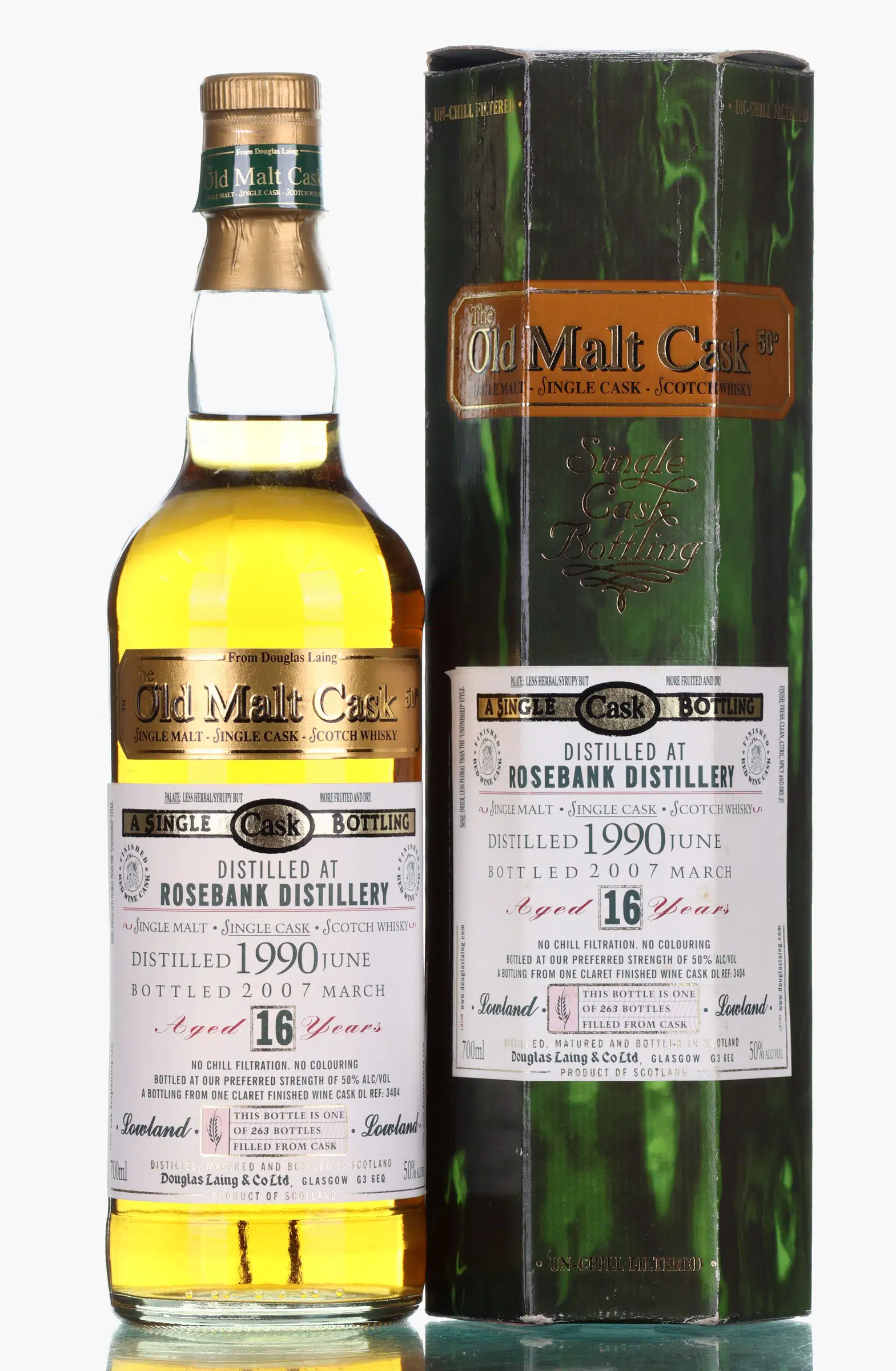 Rosebank Old Malt Cask #16 Year Old, Wine Cask, Cask #DL REF: 3404, 1990, Douglas Laing, 50% whisky bottle