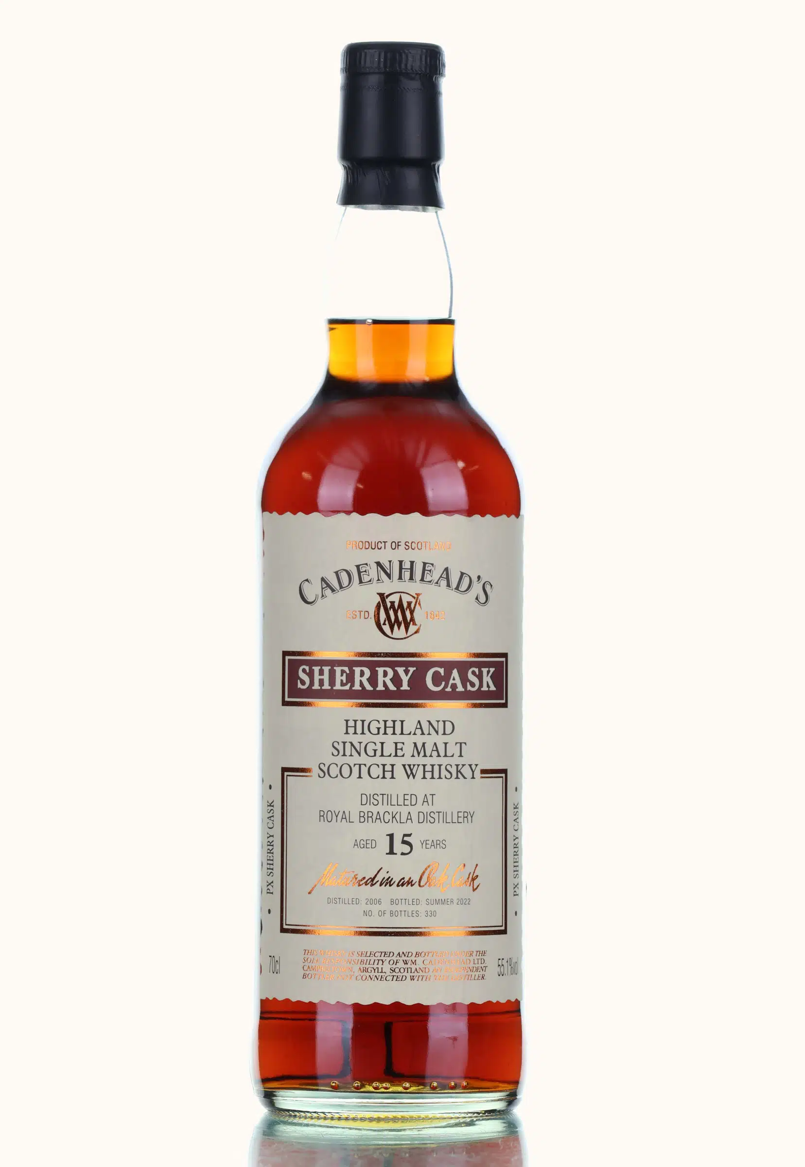 Royal Brackla Sherry Cask 15 Year Old, Sherry Cask, 2006, Cadenhead's, 55.1% whisky bottle