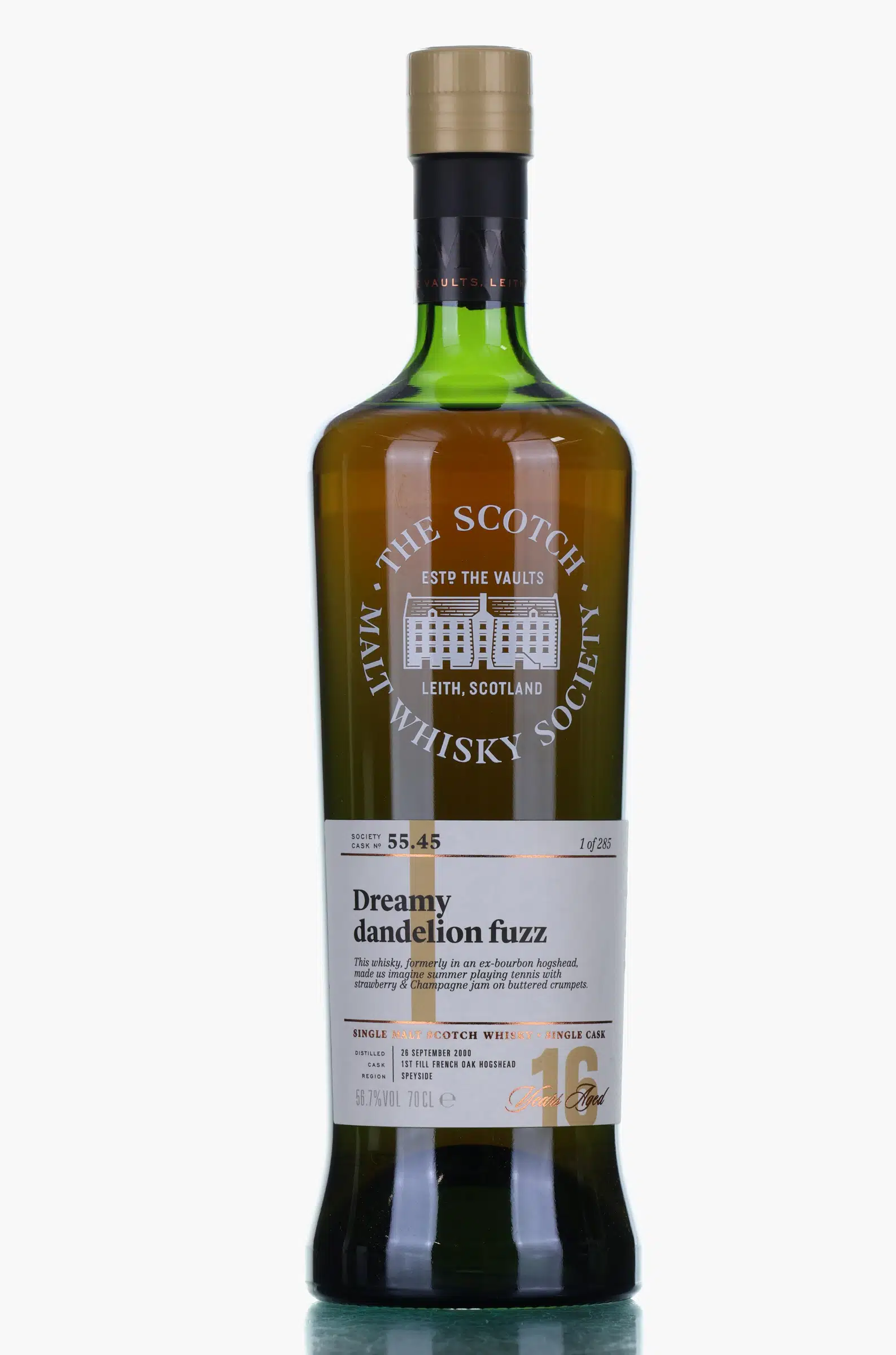 Royal Brackla Dreamy Dandelion Fuzz 16 Year Old, French Oak Hogshead Cask, Cask #55.45, 2000, The Scotch Malt Whisky Society (SMWS), 56.7% whisky bottle