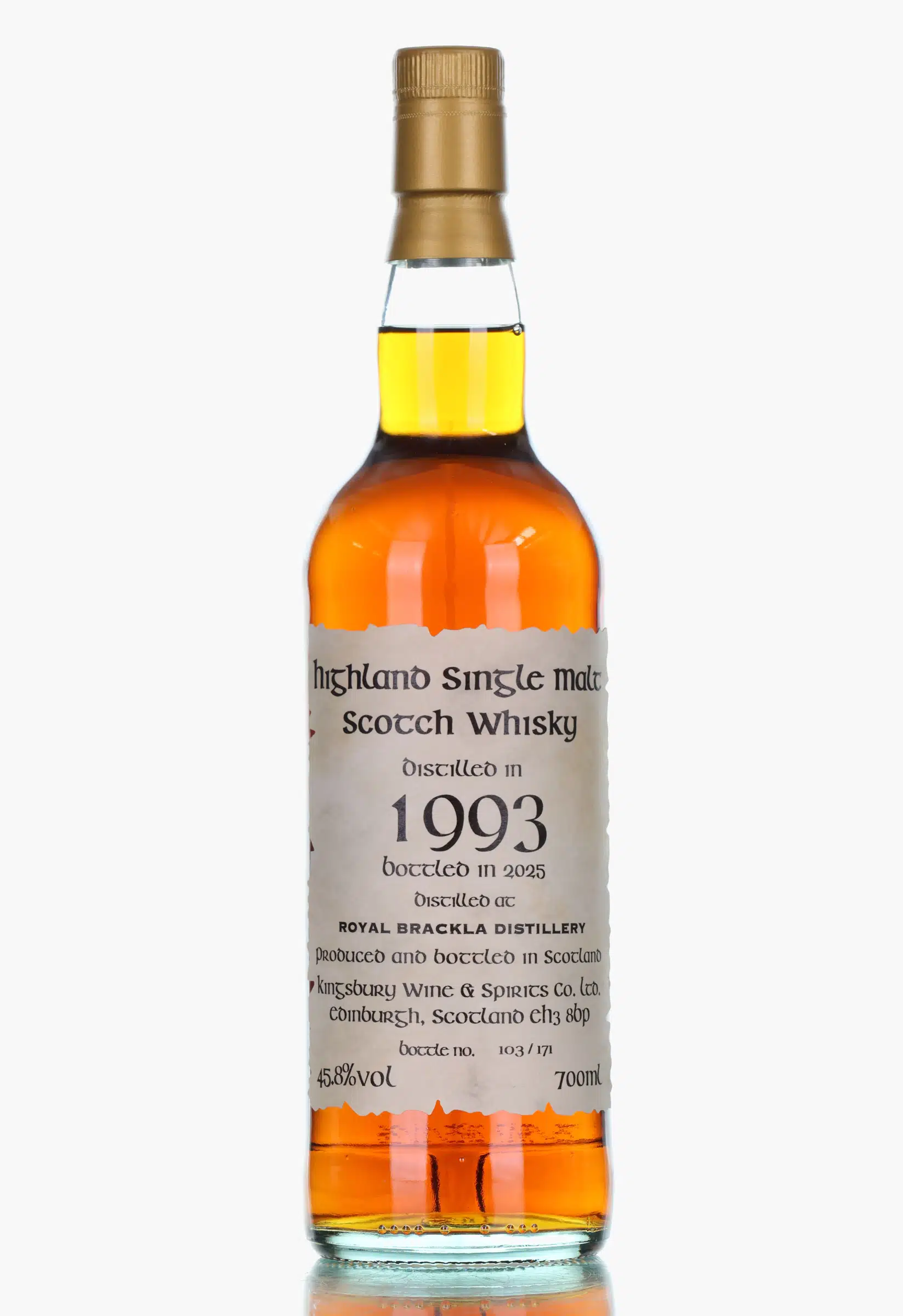 Royal Brackla 1993 32 Year Old Kingsbury, Barrel Cask, Cask #6805, 1993, Kingsbury Wine & Spirits Co., 45.8% whisky bottle