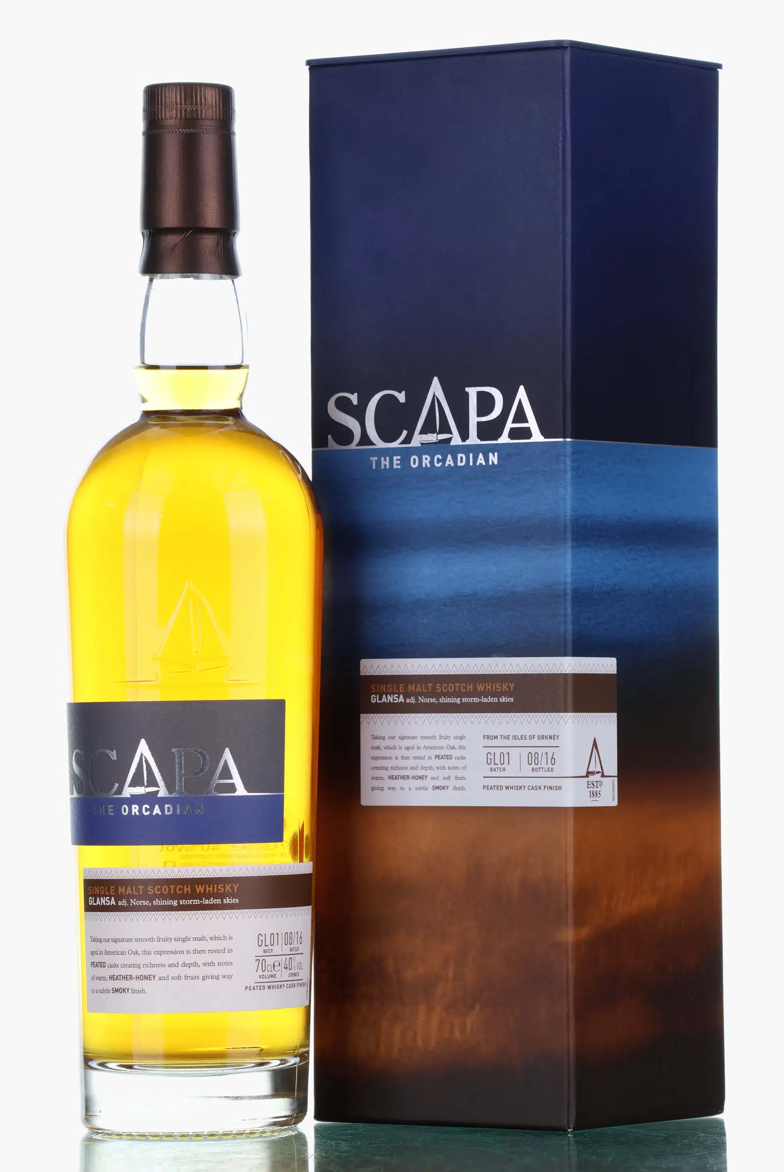 Scapa Glansa, American Oak & Peated Whisky Cask, Batch No. GL01, 2016, 40% whisky bottle