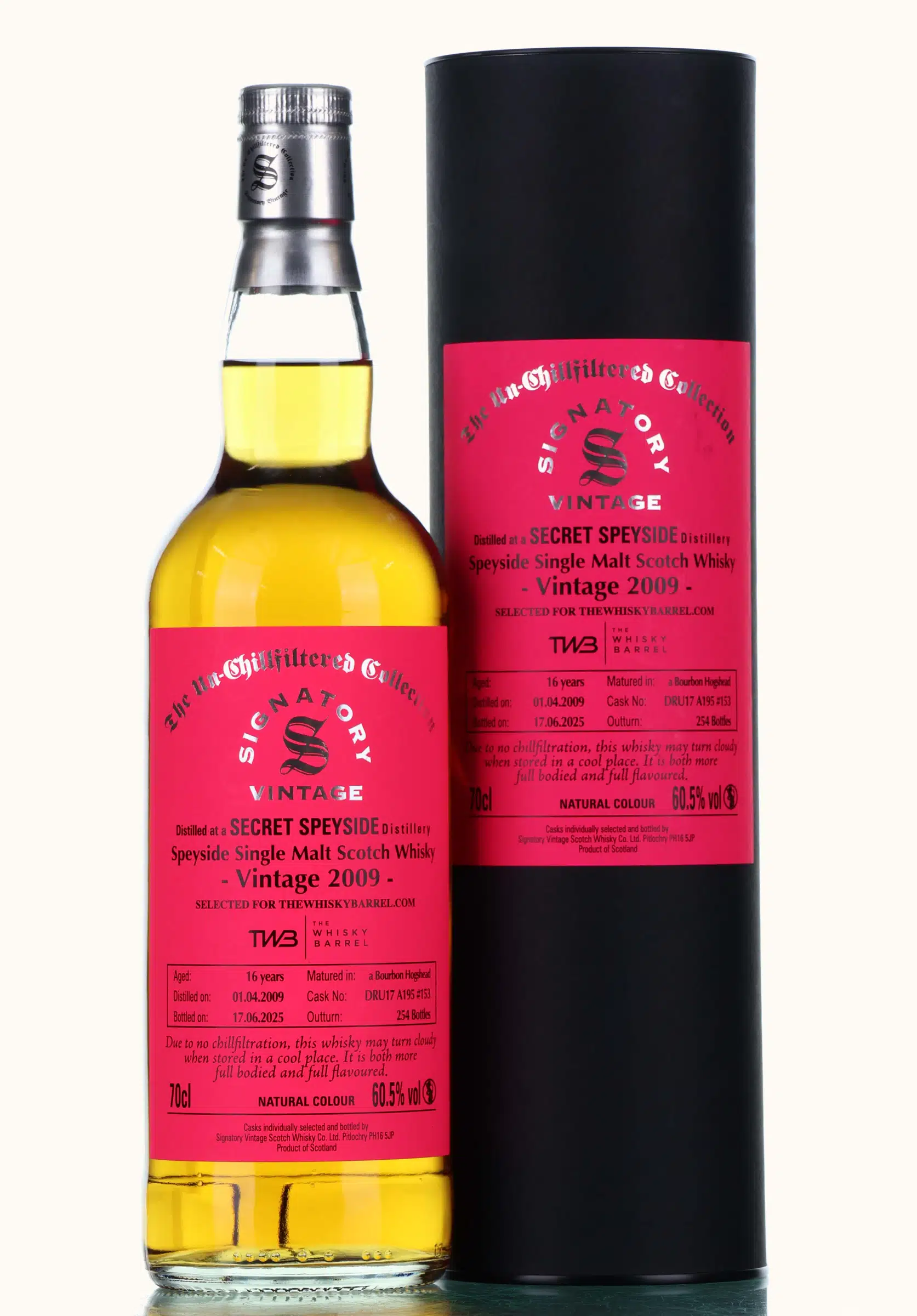 Secret Speyside 16 Year Old, Bourbon Cask, Cask #DRU17/A195 #153, 2009, Signatory Vintage, 60.5% whisky bottle