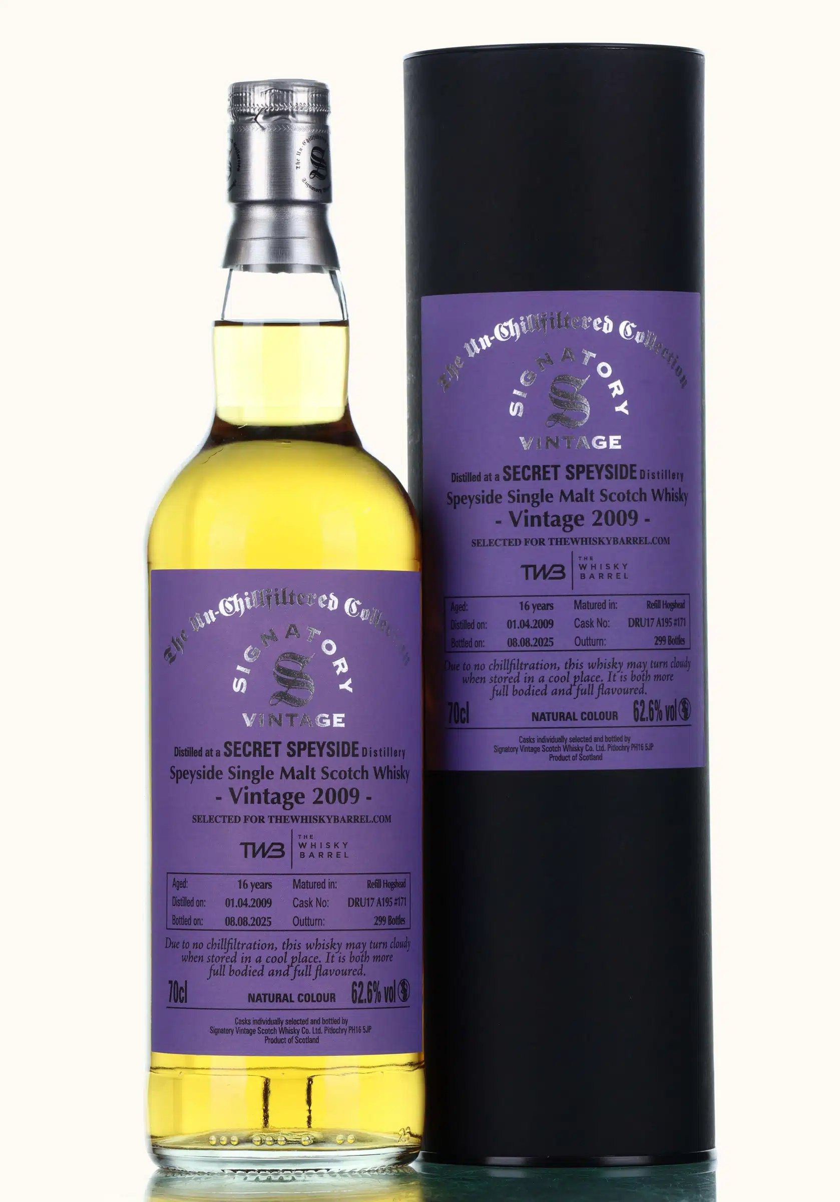 Secret Speyside 16 Year Old, Hogshead Cask, Cask #DRU17 A195 #171, 2009, Signatory Vintage, 62.6% whisky bottle