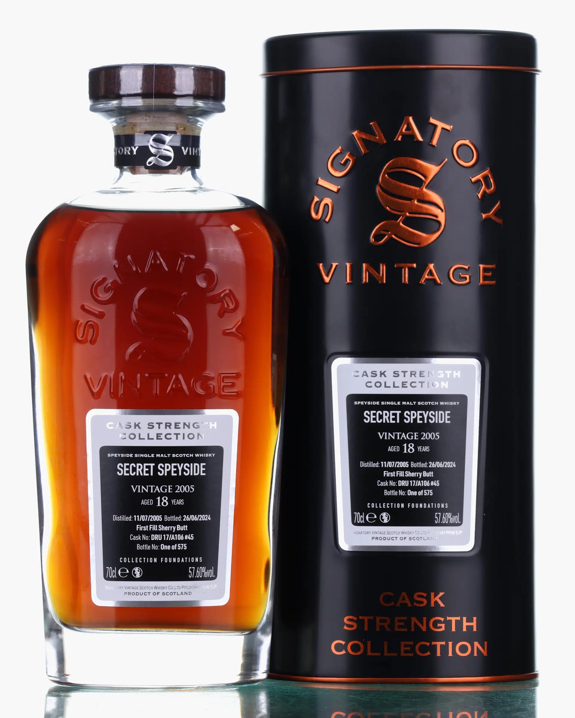 Macallan Secret Speyside 18 Year Old, Sherry Cask, Cask #DRU 17/A106 #45, 2005, Signatory Vintage, 57.6% whisky bottle