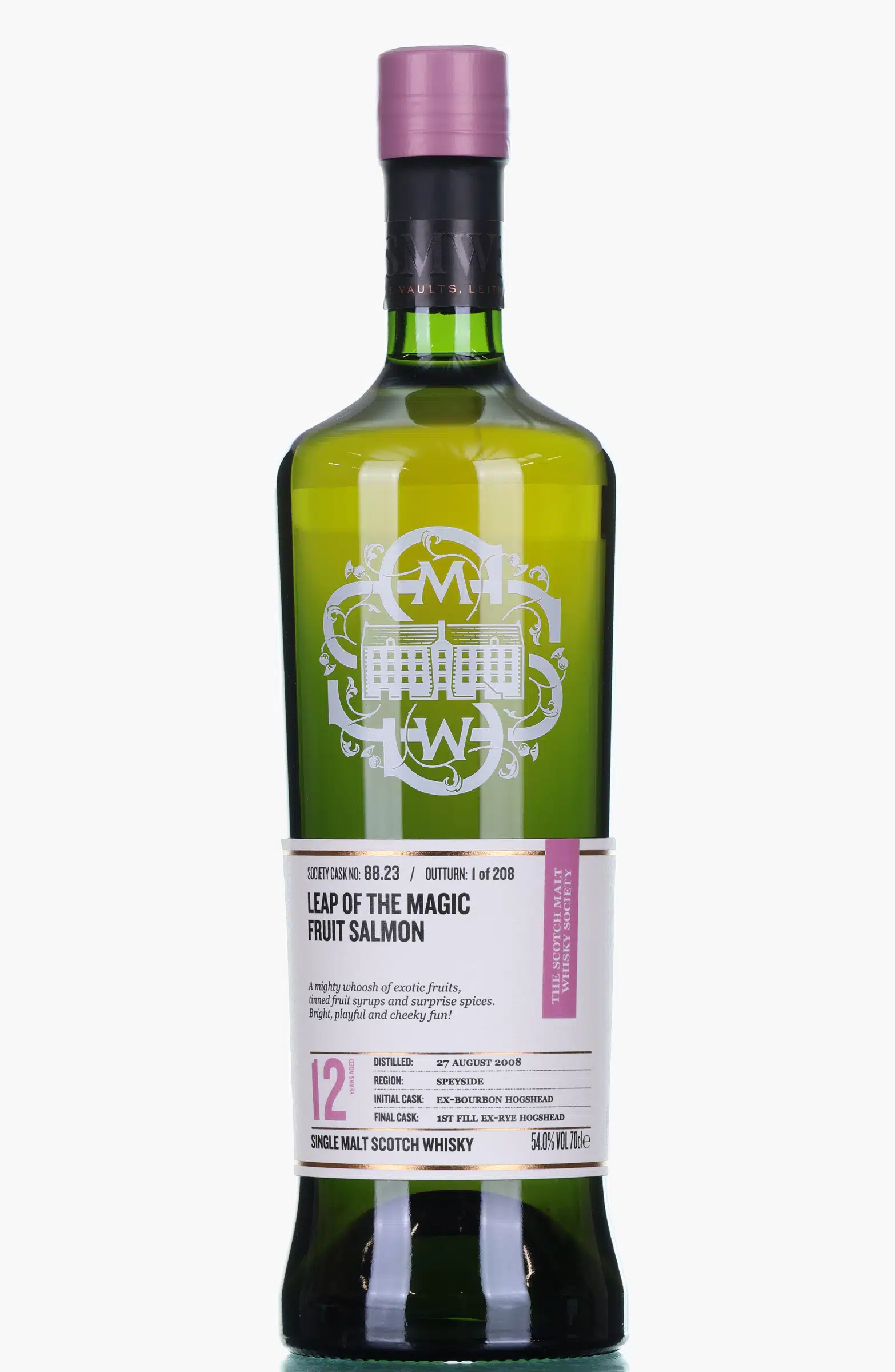 Speyburn Leap of the Magic Fruit Salmon 12 Year Old, Bourbon & Rye Cask, Cask #88.23, 2008, The Scotch Malt Whisky Society, 54% whisky bottle