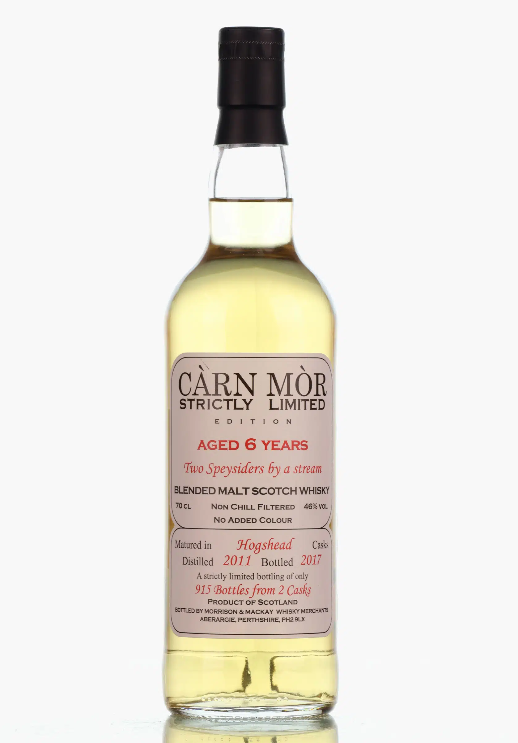 Carn Mor Two Speysiders by a stream 6 Year Old, Hogshead Cask, 2011, Morrison & Mackay, 46% whisky bottle