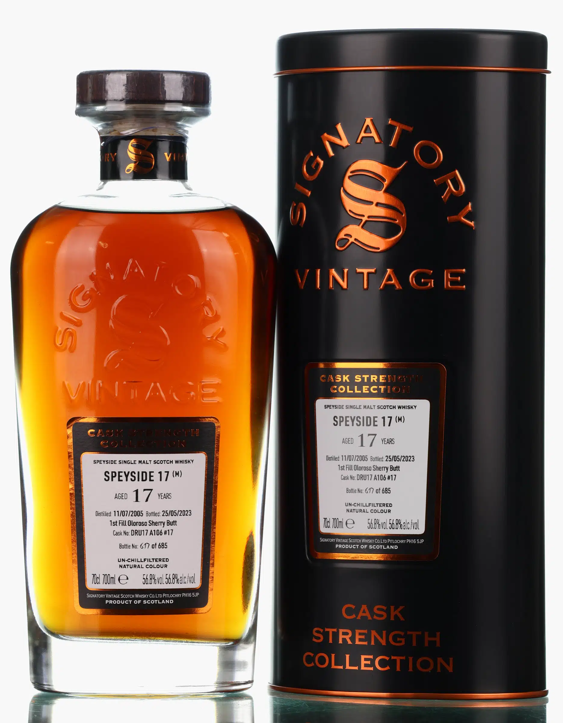 Macallan Cask Strength Collection 17 Year Old, Sherry Cask, Cask No. DRU17 A104 #17, 2005, Signatory Vintage, 56.8% whisky bottle