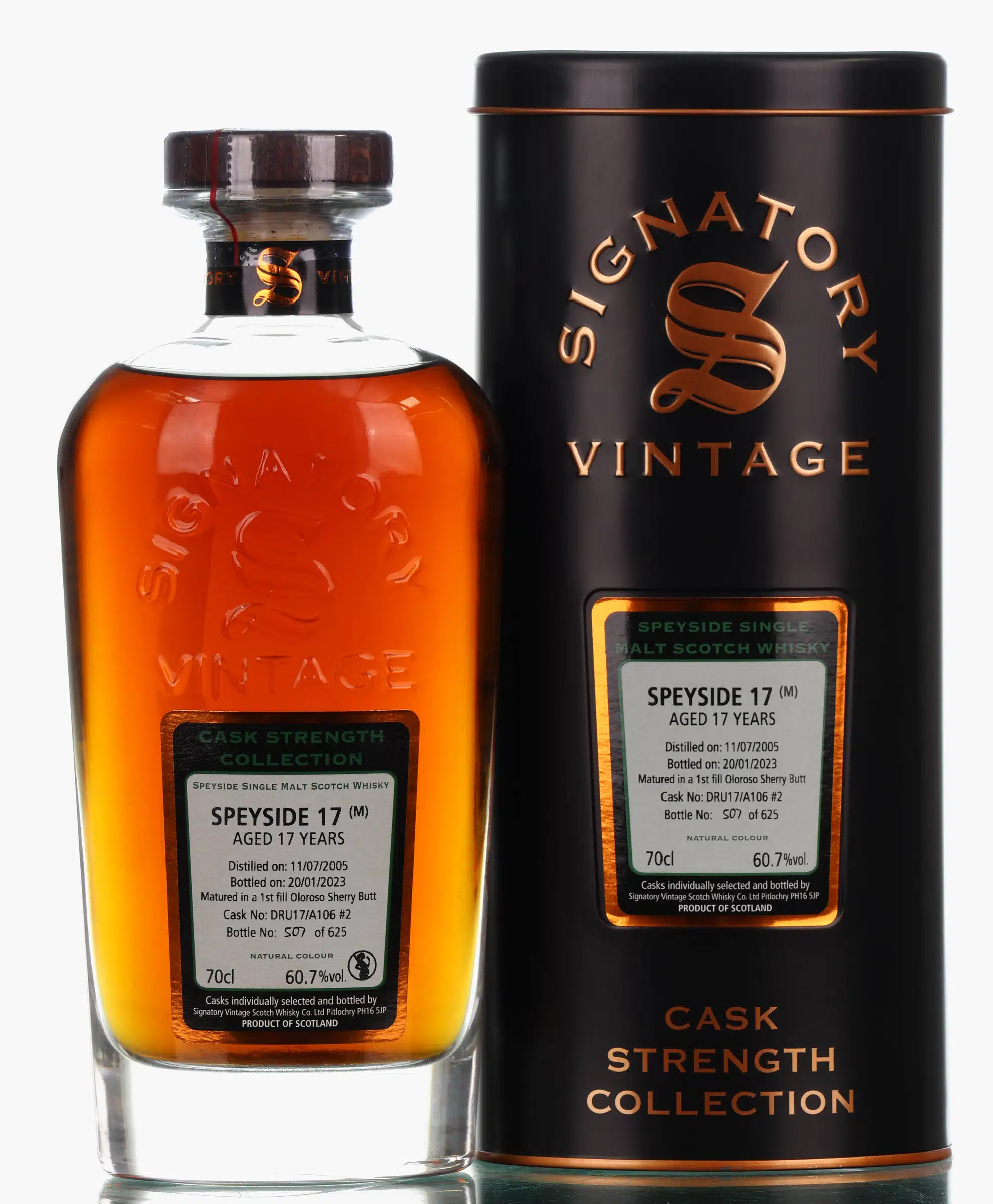 Macallan Cask Strength Collection 17 Year Old, Sherry Cask, Cask #DRU1/71A106 #2, 2005, Signatory Vintage, 60.7% whisky bottle