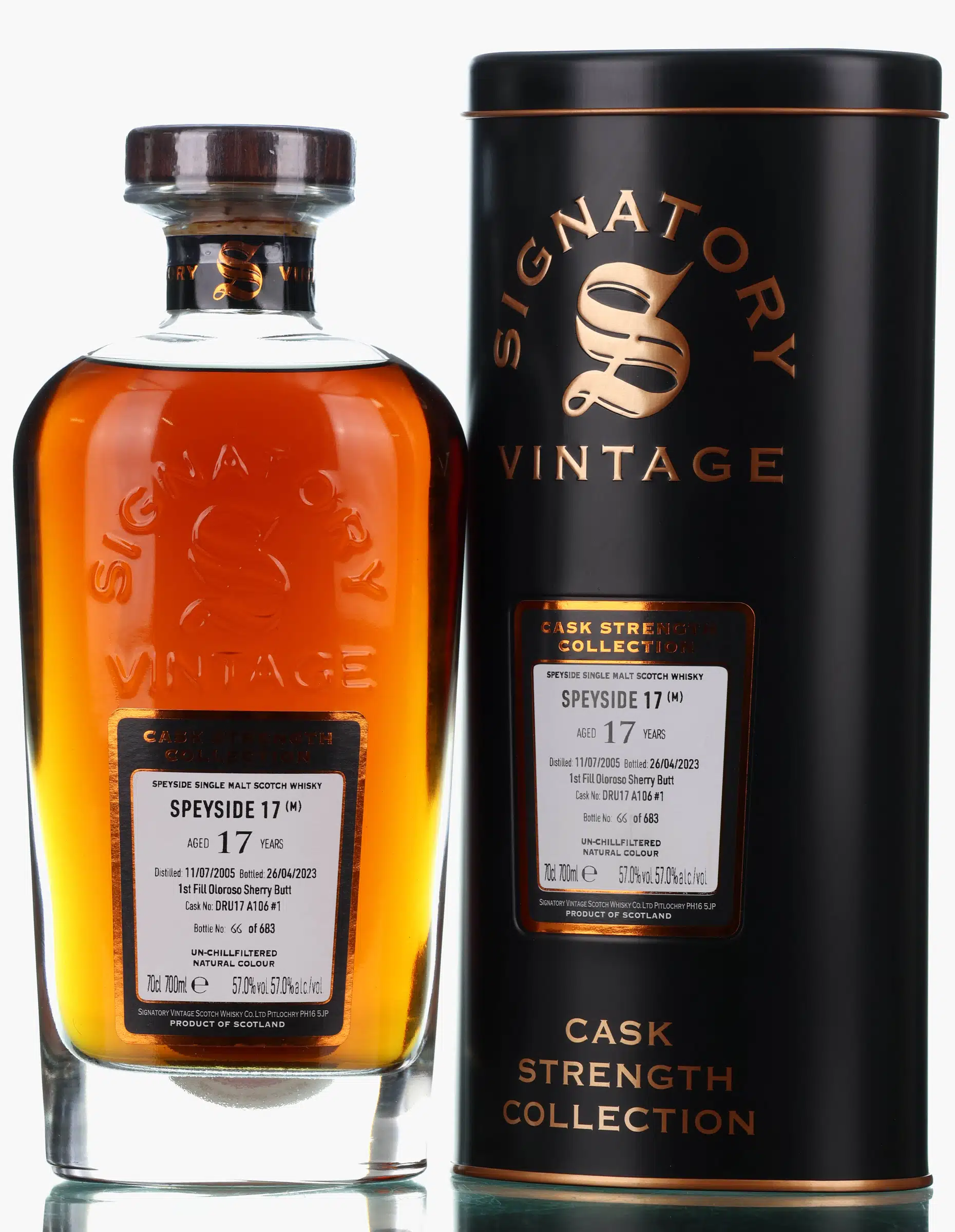 Macallan Cask Strength Collection 17 Year Old, Oloroso Sherry Cask, Cask #GRU17 A106 #1, 2005, Signatory Vintage, 57% whisky bottle