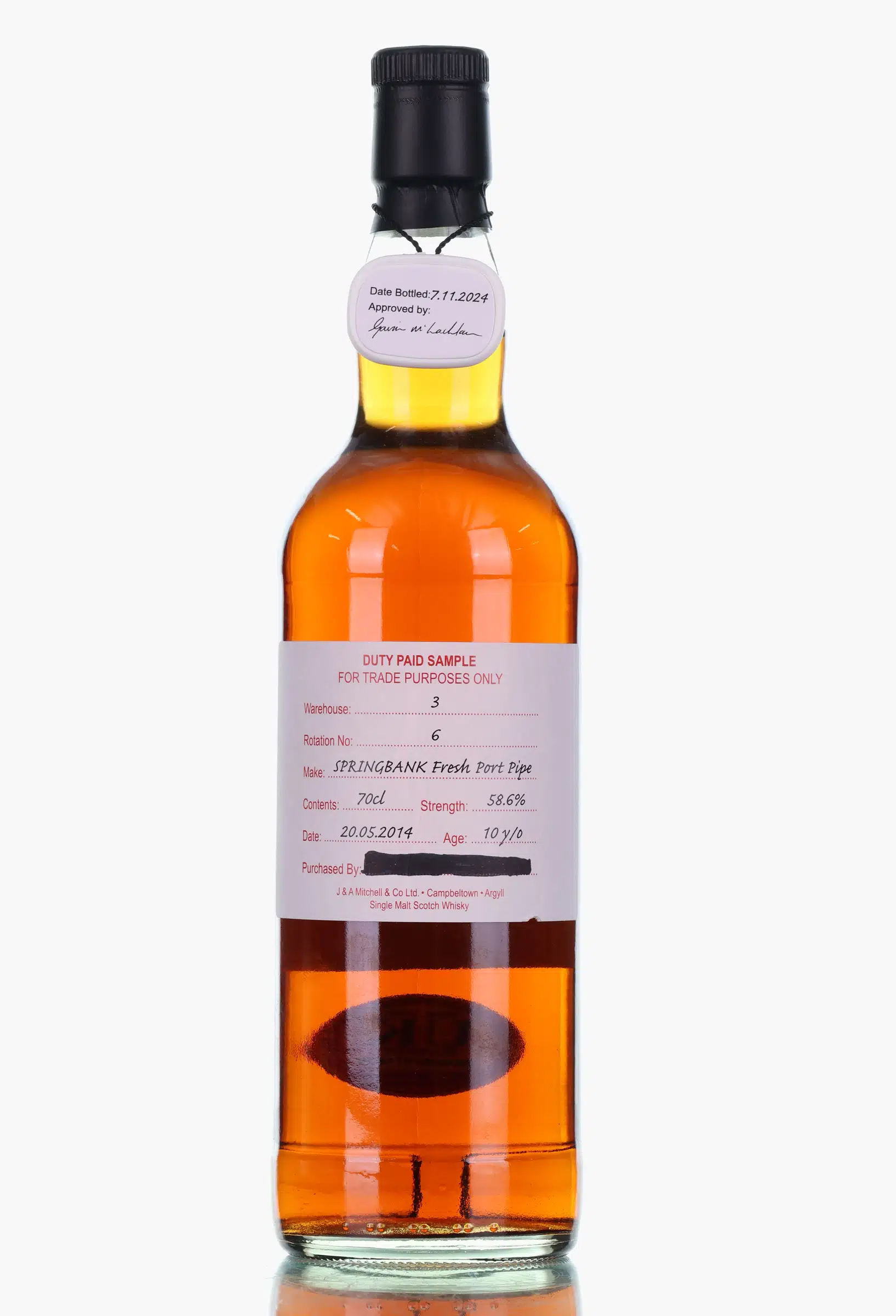 Springbank 2014 Duty Paid Sample 10 Year Old - Fresh Port Pipe, Port Pipe Cask, Cask #6, 2024, 58.6% whisky bottle