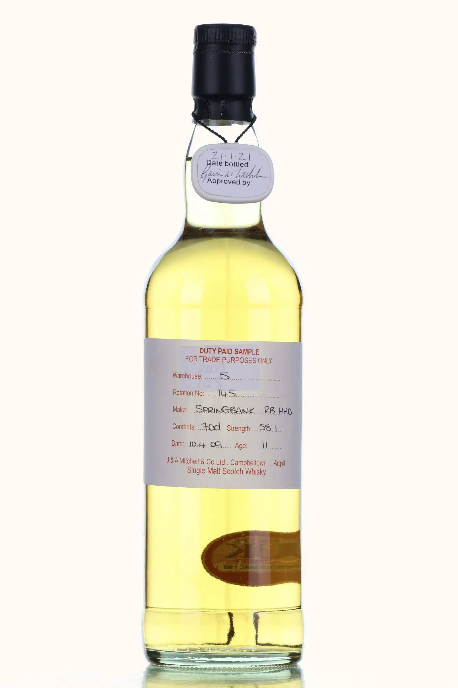 Springbank Duty Paid Sample 11 Year Old, Refill Bourbon Hogshead Cask, Cask #14S, 2021, 58.1% whisky bottle