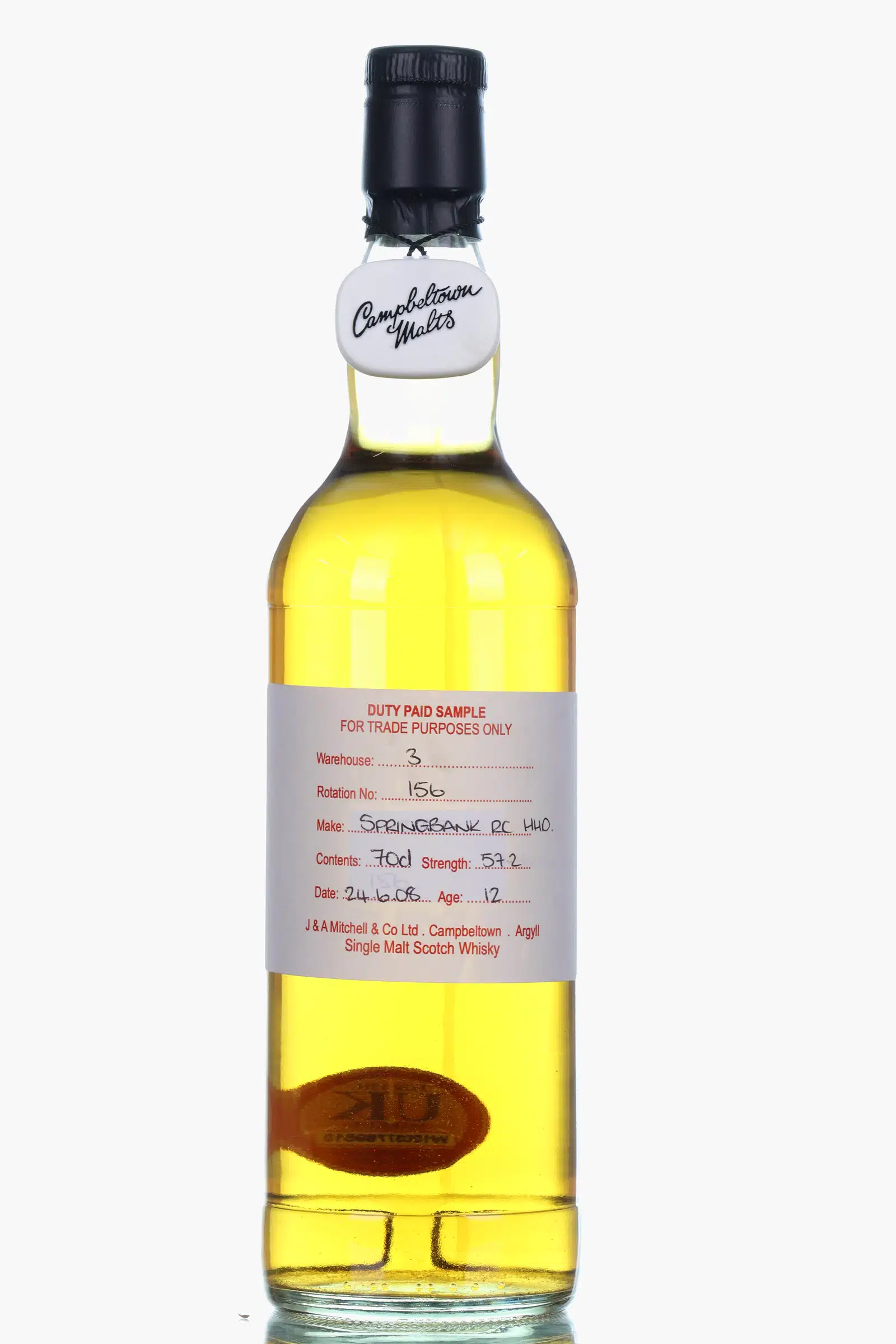 Springbank Duty Paid Sample 12 Year Old, Sherry Cask, Cask #156, 2020, 57.2% whisky bottle