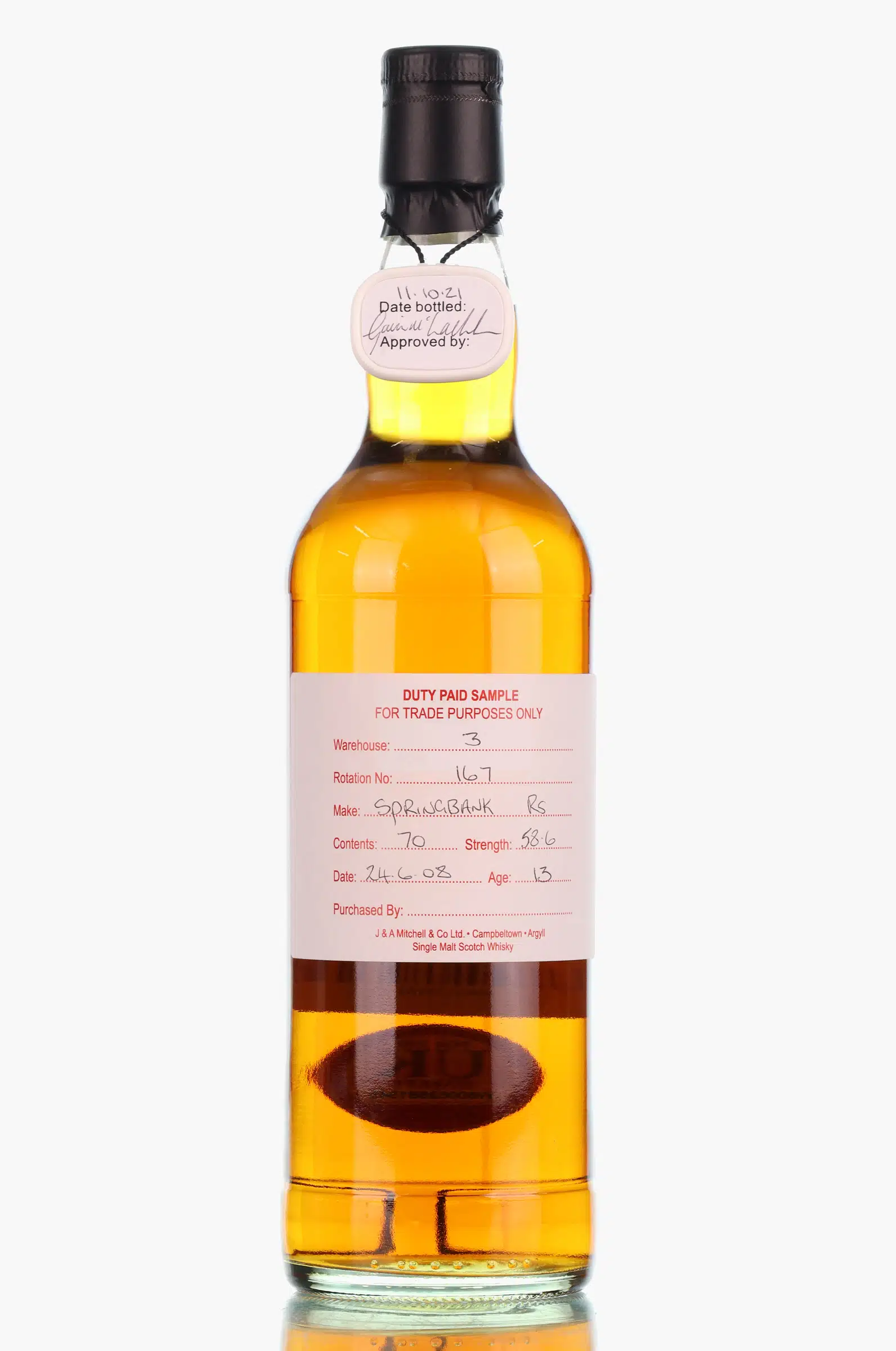 Springbank Duty Paid Sample 13 Year Old, Refill Sherry Cask, Rotation No. 1617, 2021, 58.8% whisky bottle