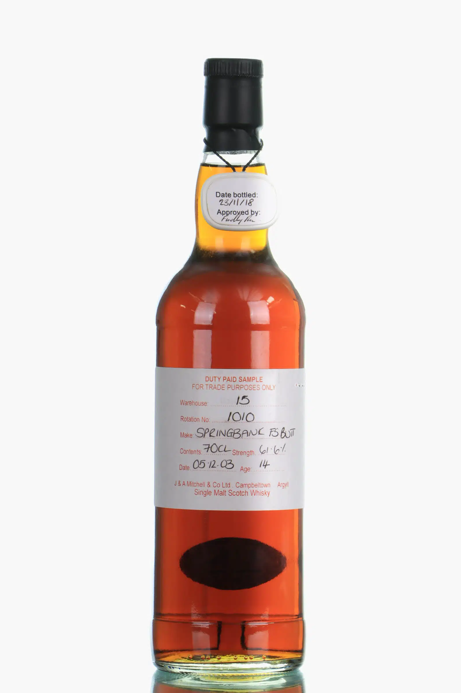 Springbank Duty Paid Sample Fresh Sherry Butt 14 Year Old, Fresh Sherry Butt Cask, Cask #1010, 2018, 61.6% whisky bottle