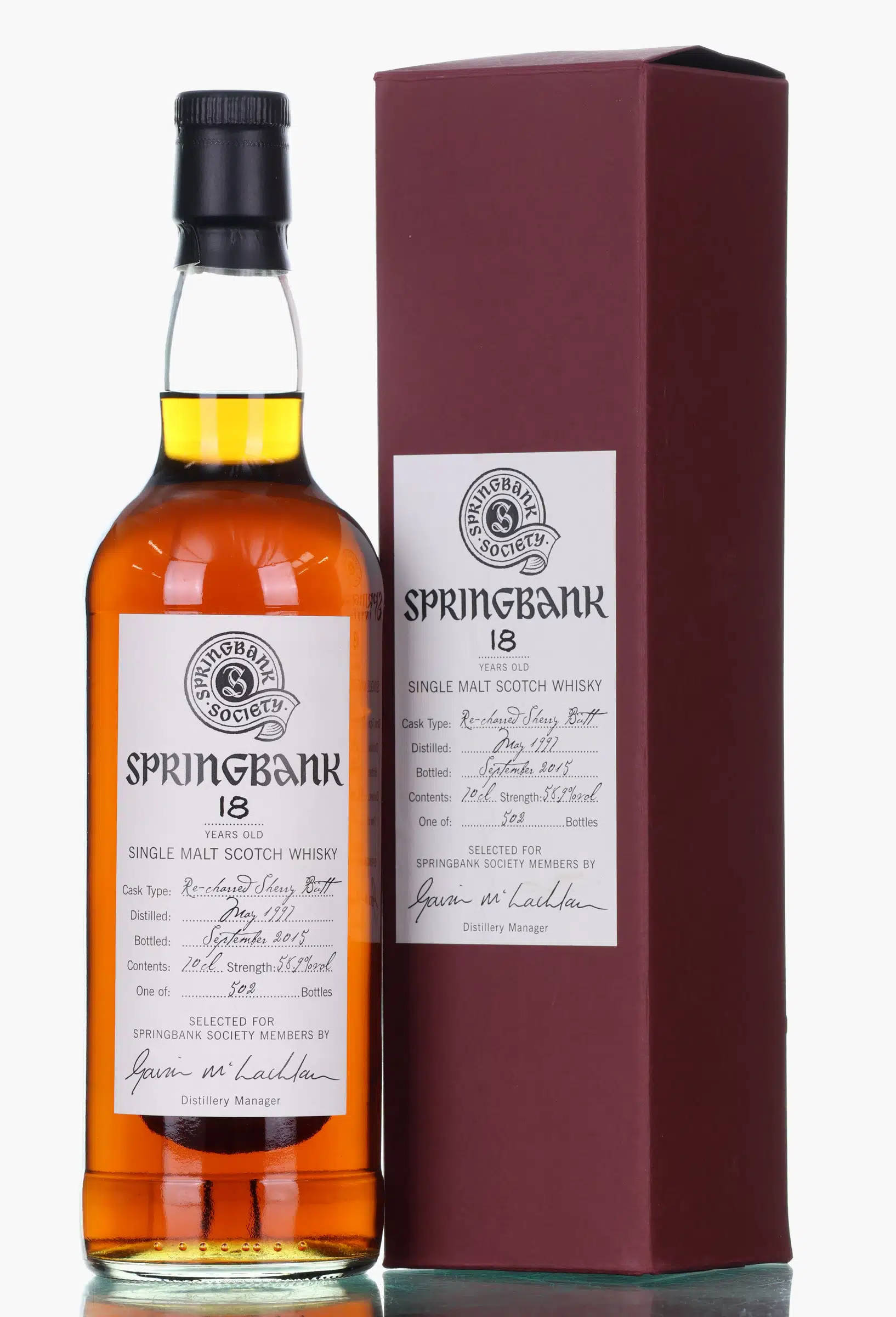 Springbank Society Bottling 18 Year Old, Re-charred Sherry Cask, 2015, 58.9% whisky bottle