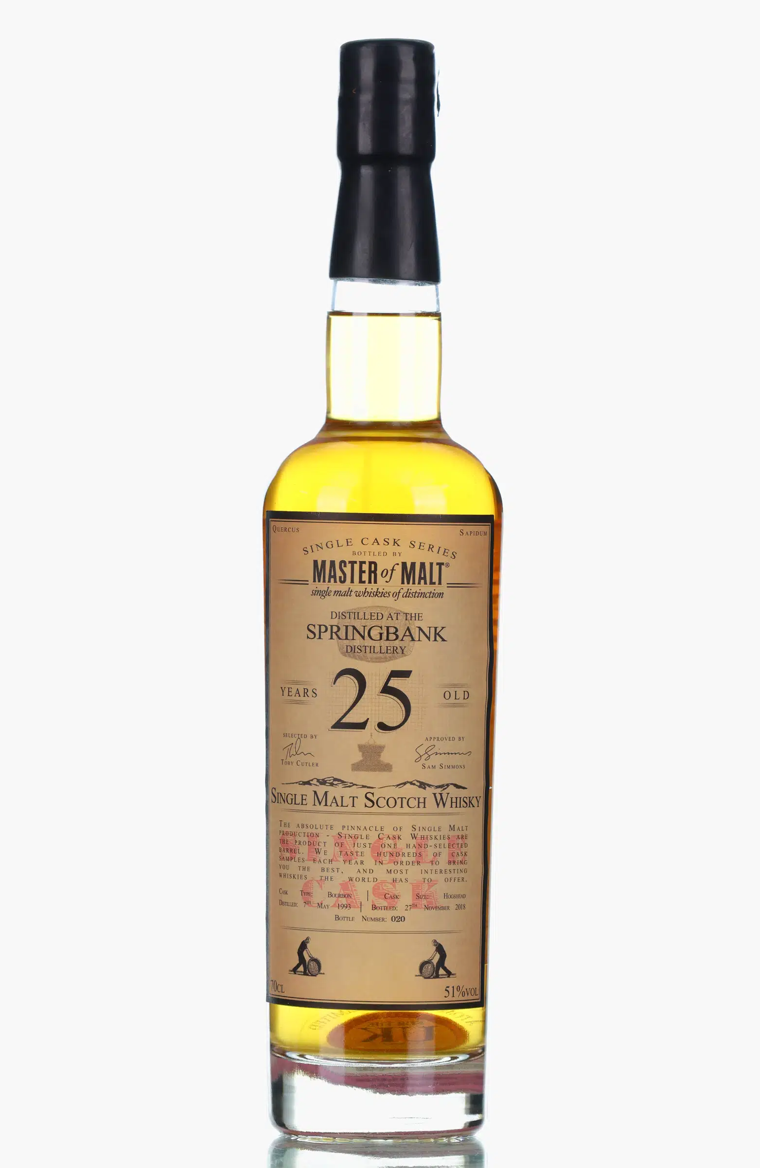 Springbank Master of Malt Single Cask 25 Year Old, Bourbon Cask, 1993, Master of Malt, 51% whisky bottle