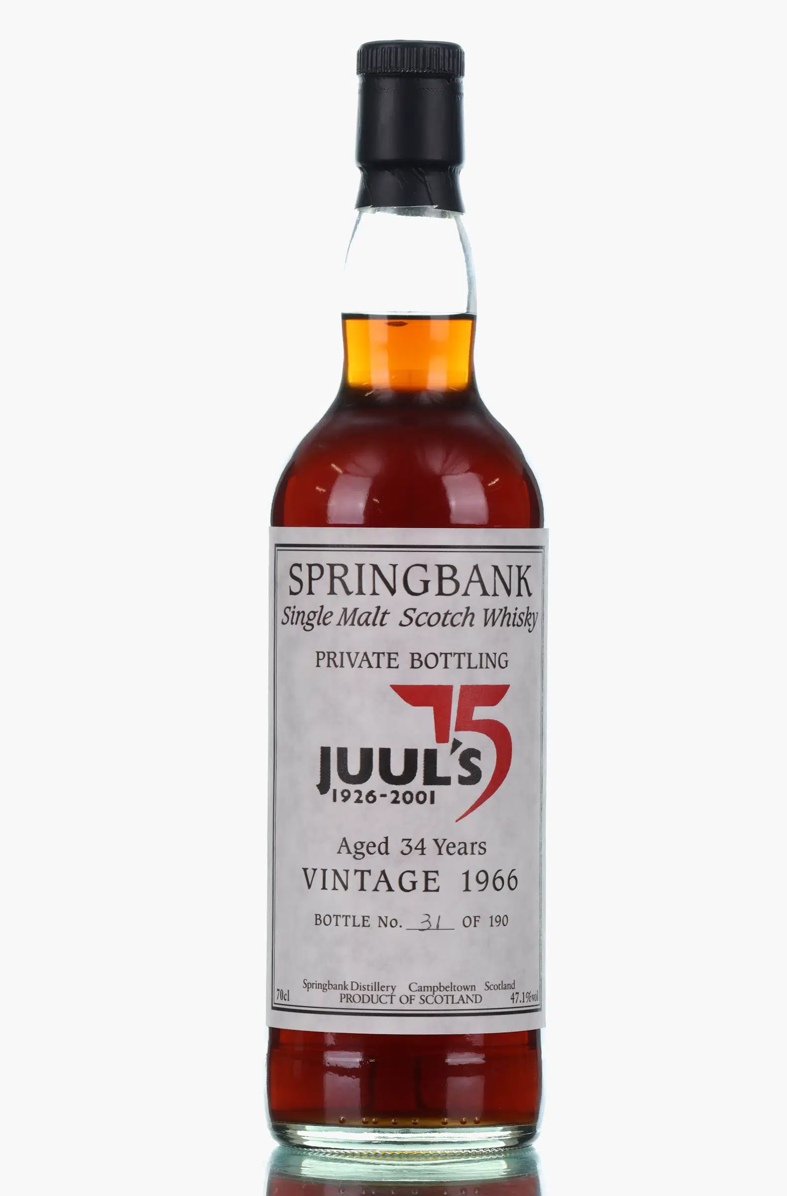 Springbank Juul's 75th Anniversary Private Bottling 34 Year Old, Sherry Cask, 1966, Juul's, 47.1% whisky bottle