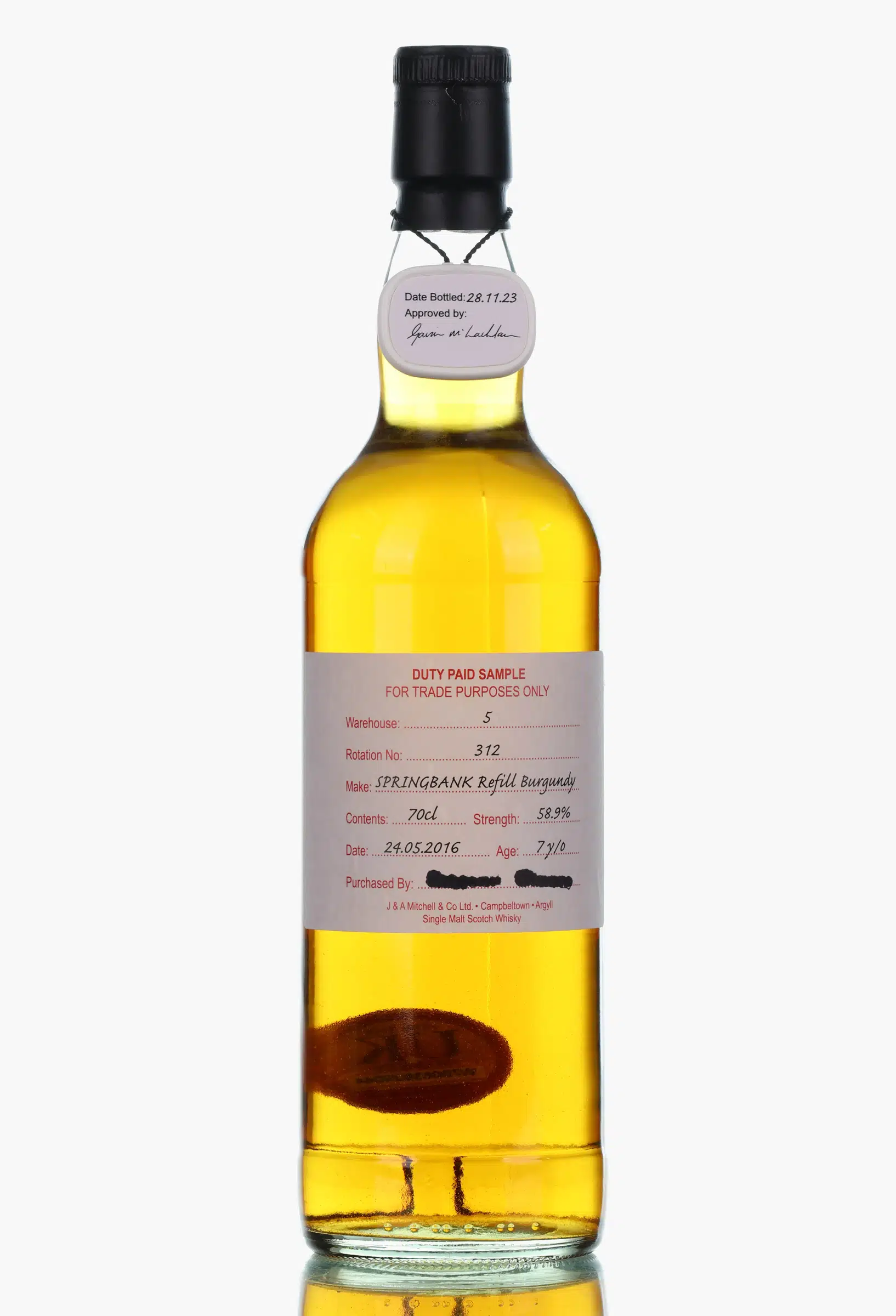 Springbank 7 Year Old, Refill Burgundy Cask, Cask #312, 2023, 58.9% whisky bottle