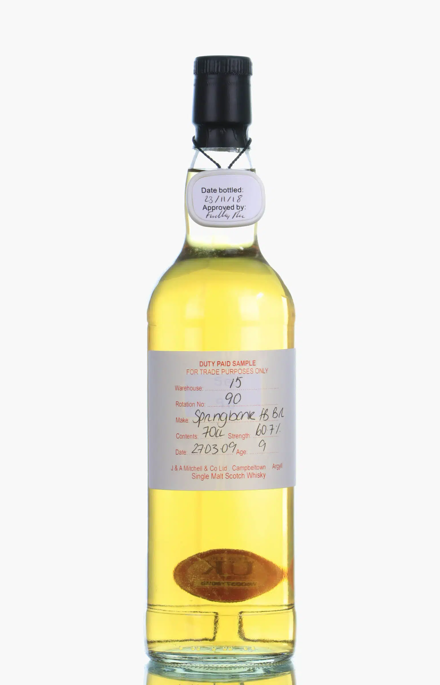 Springbank Duty Paid Sample Cage Fresh Bourbon 9 Year Old, Bourbon Cask, Cask #90, 2018, 60.7% whisky bottle