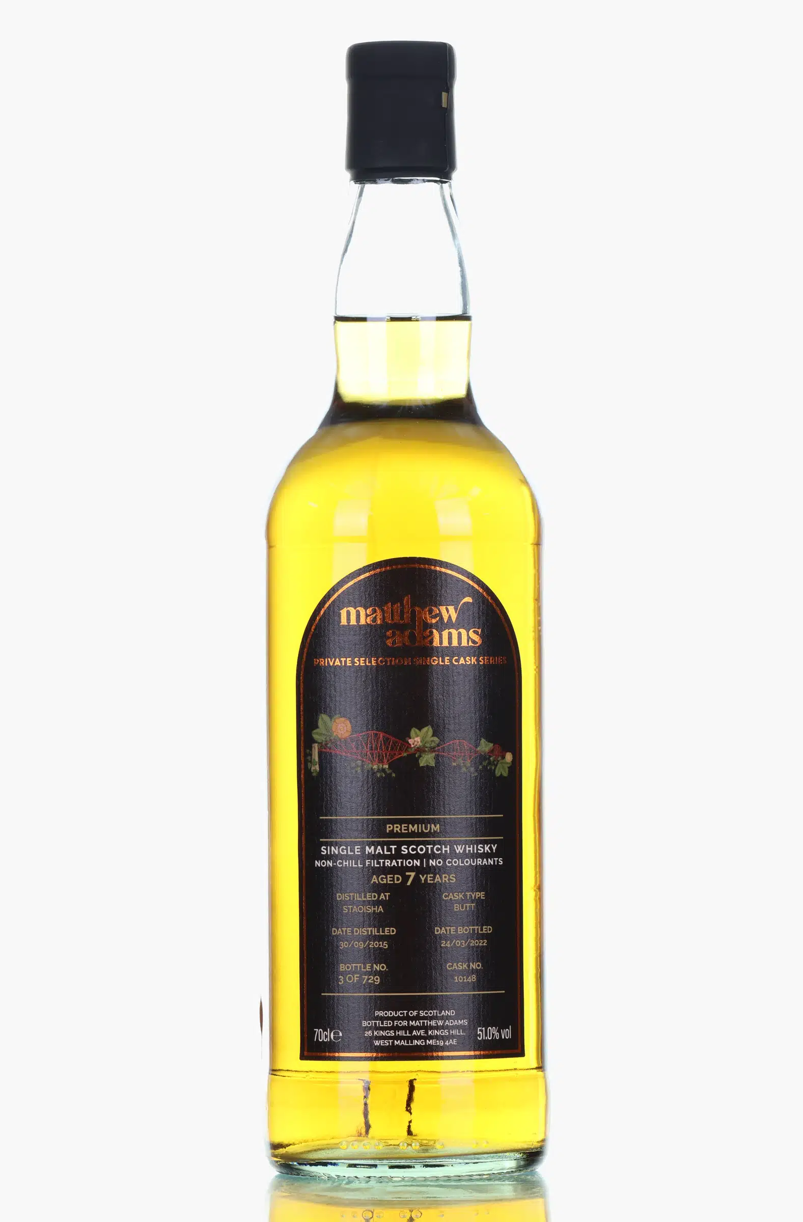 Bunnahabhain Staoisha 7 Year Old, Butt Cask, Cask #10148, 2015, Matthew Adams, 51% whisky bottle