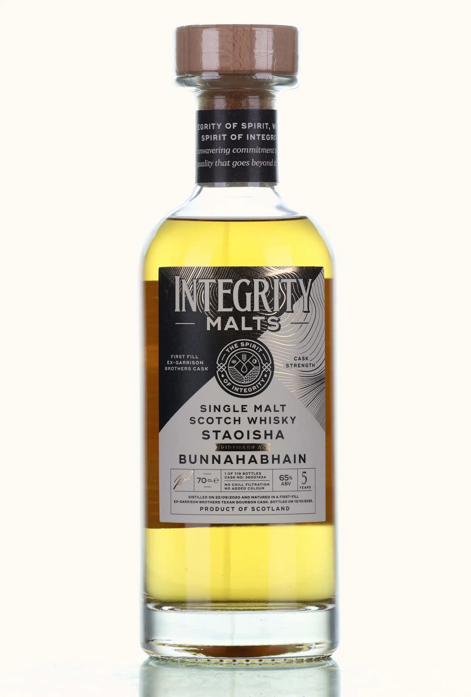 Bunnahabhain Staoisha 5 Year Old, Bourbon Cask, Cask #3600143A, 2020, Integrity Malts, 65% whisky bottle