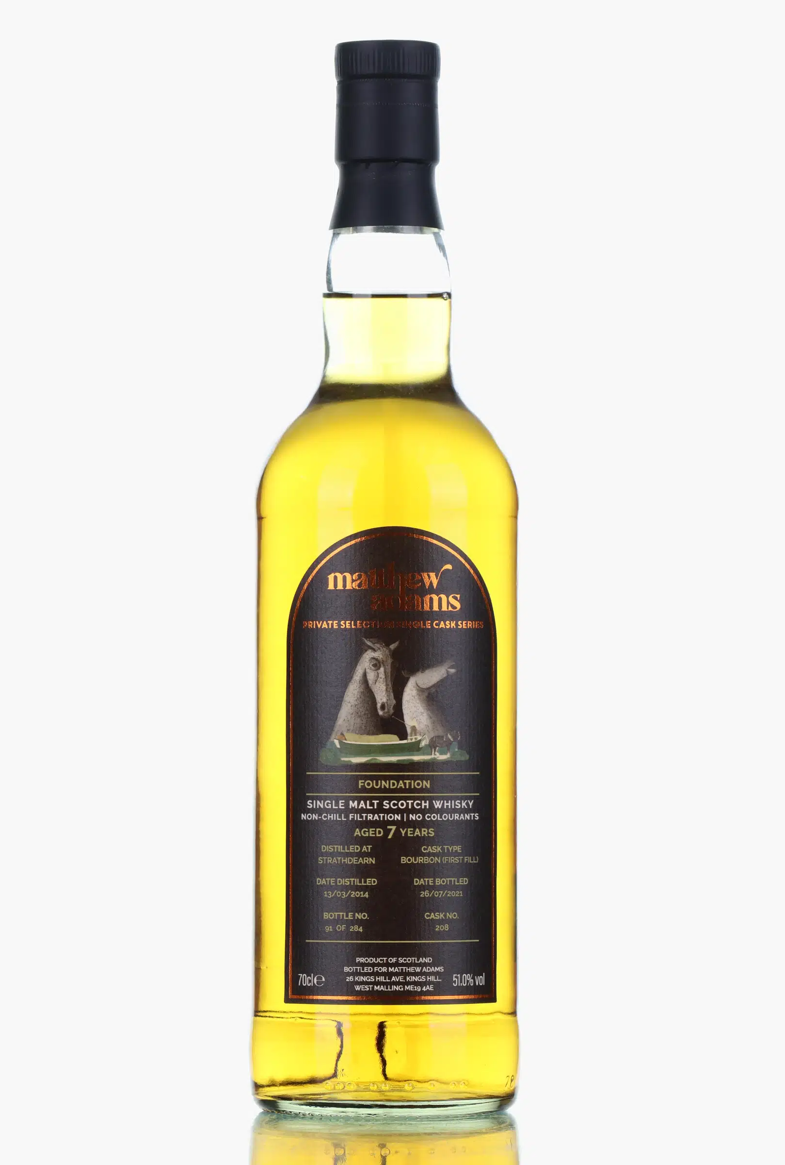 Tomatin Strathdearn Foundation 7 Year Old, Bourbon Cask, Cask #208, 2014, Matthew Adams, 51% whisky bottle