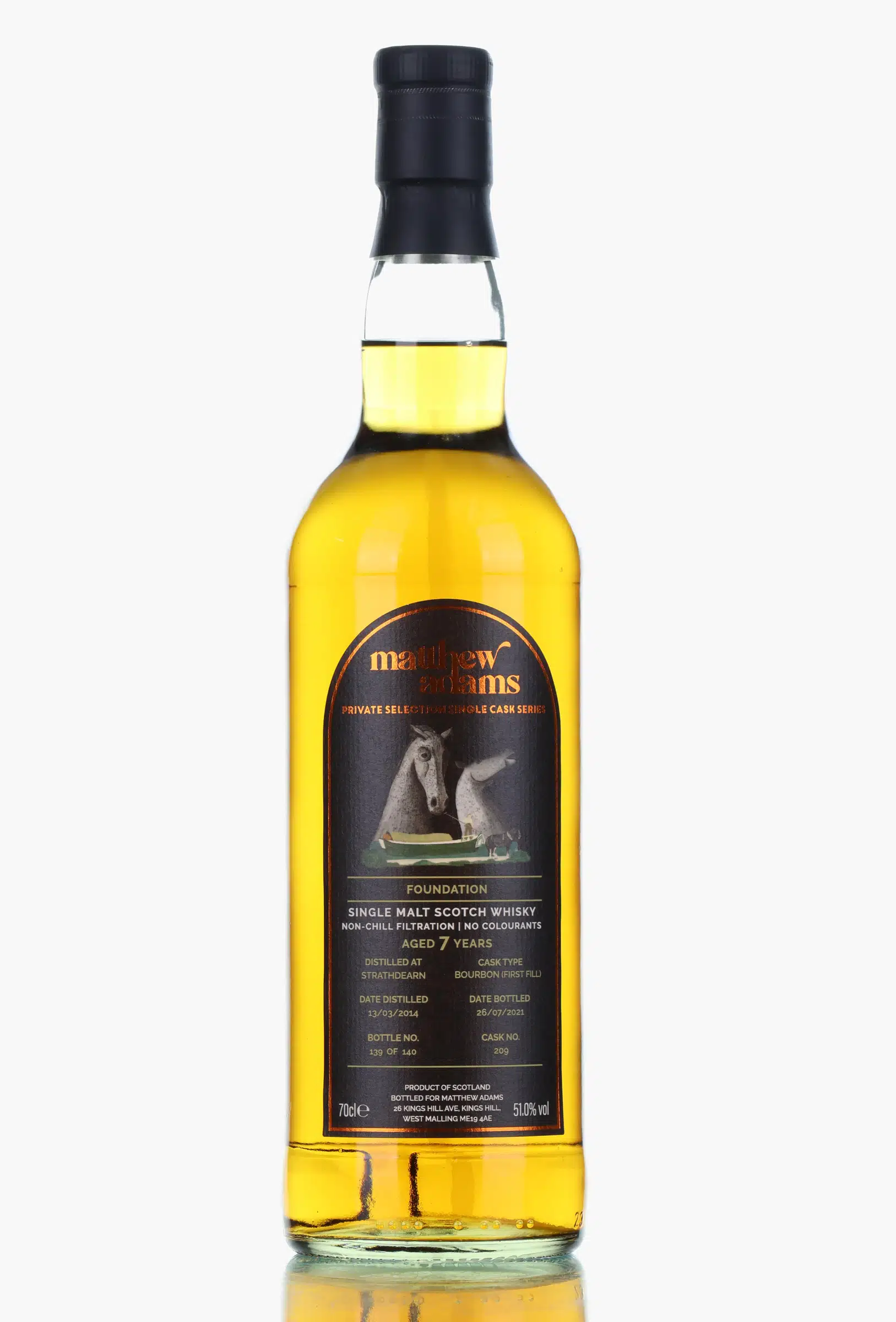 Tomatin Strathdearn Foundation 7 Year Old, Bourbon Cask, Cask #209, 2014, Matthew Adams, 51% whisky bottle