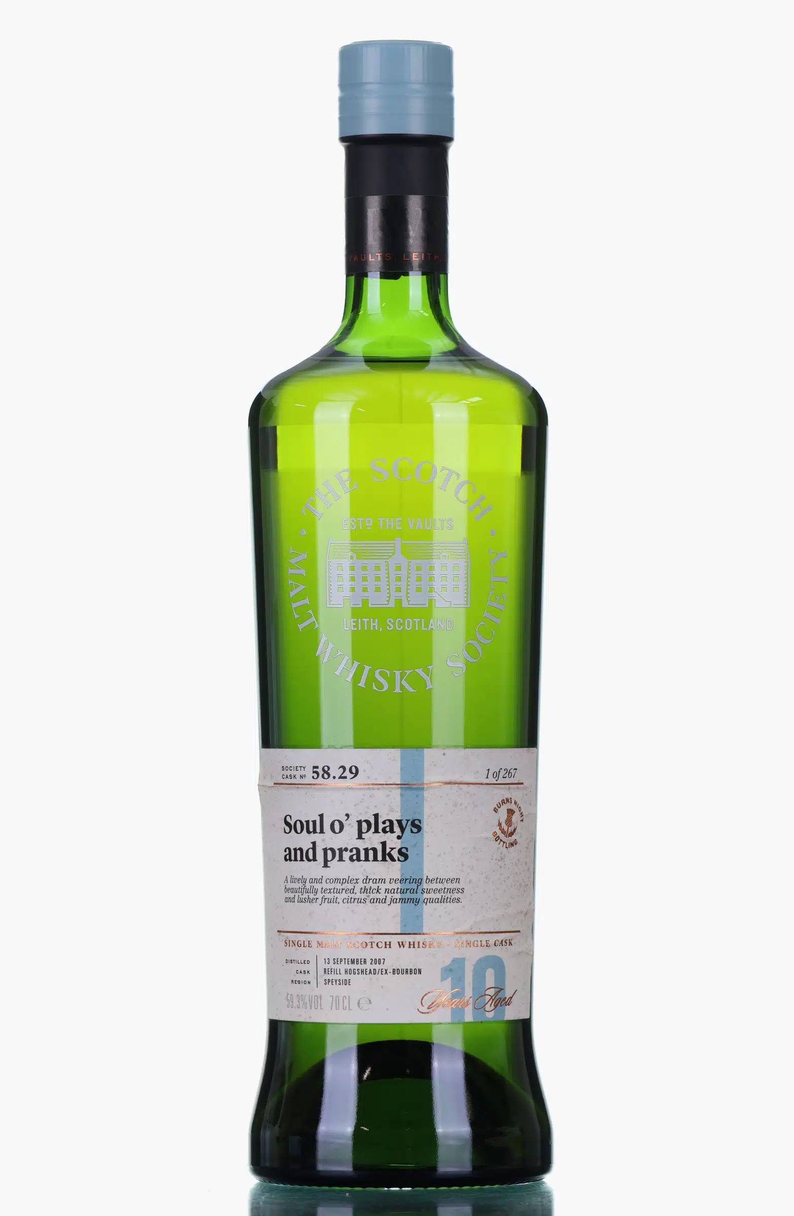 Strathisla Soul O'Plays & Pranks 10 Year Old, Refill Ex-Bourbon Hogshead Cask, Cask #58.29, 2007, The Scotch Malt Whisky Society, 59.3% whisky bottle