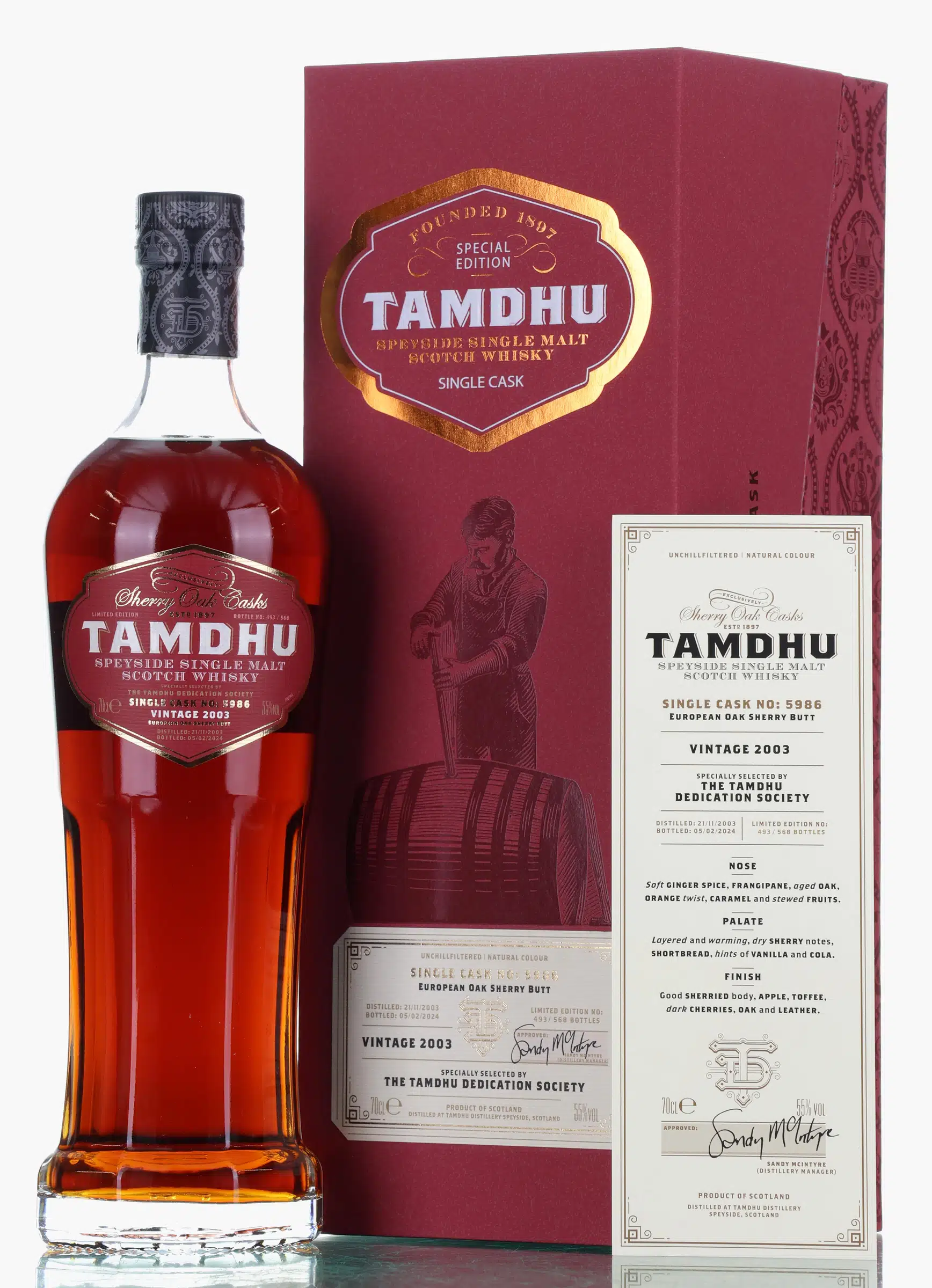 Tamdhu Dedication Society Single Cask 21 Year Old, Oloroso Sherry Cask, Cask #5986, 2024, 55% whisky bottle