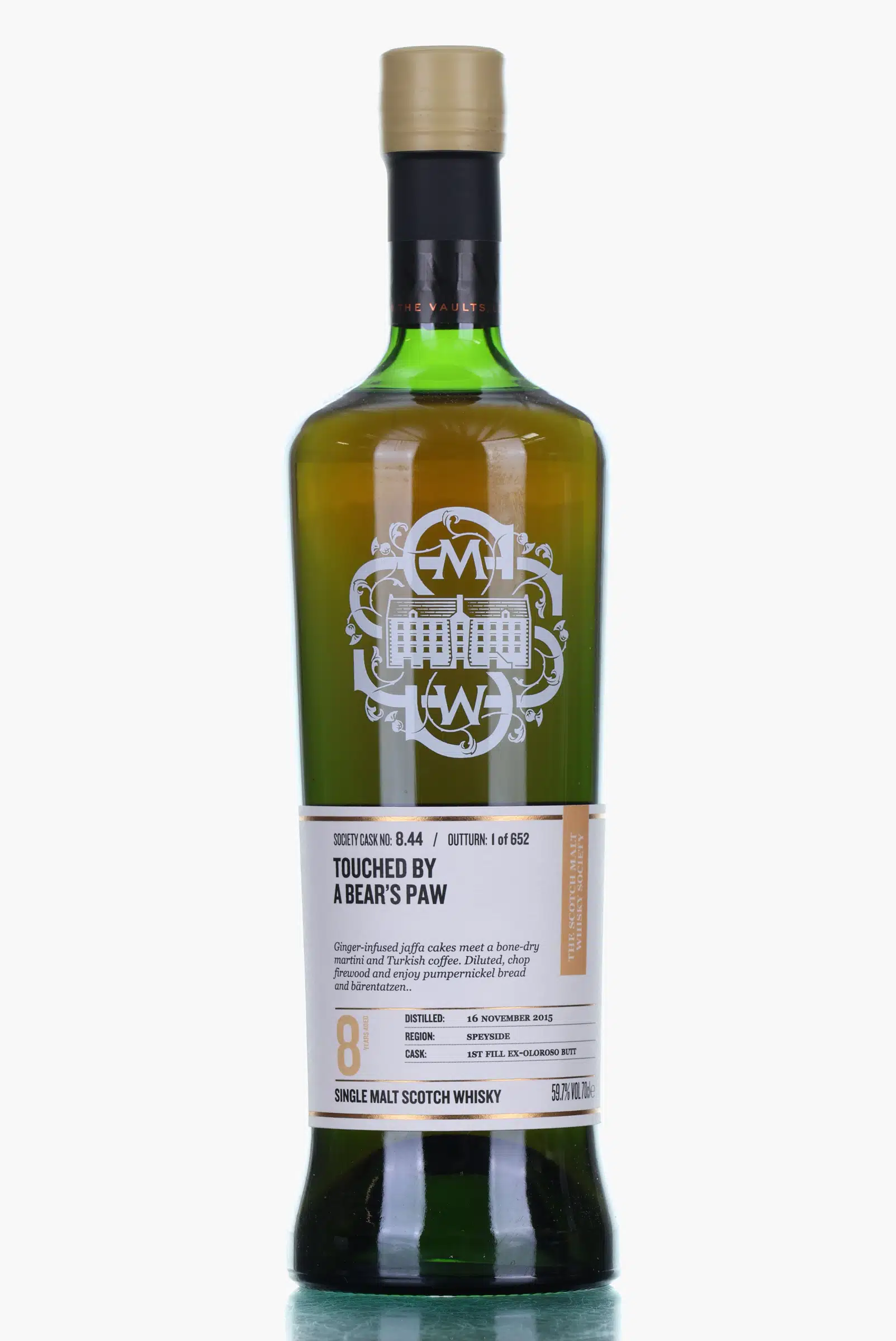 Tamdhu Touched by a Bear's Paw 8 Year Old, Oloroso Sherry Cask, Cask #8.44, 2015, The Scotch Malt Whisky Society, 59.7% whisky bottle