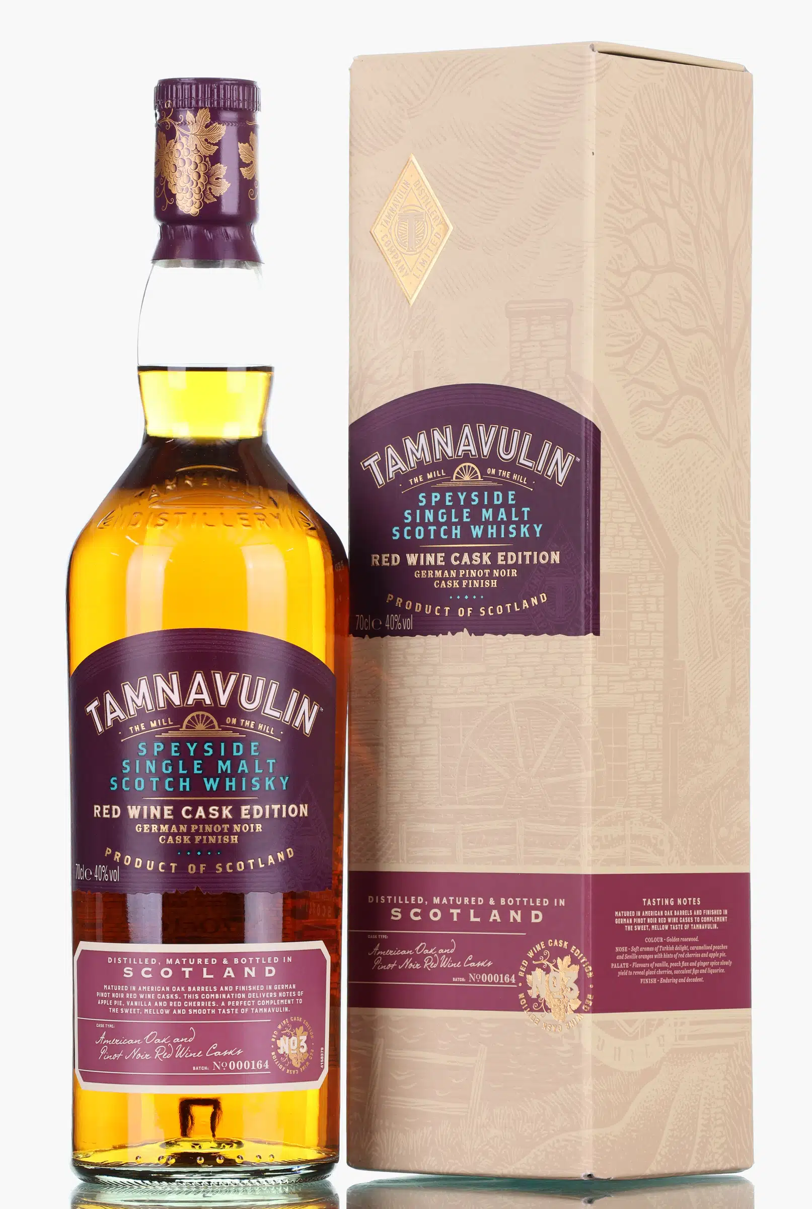 Tamnavulin Red Wine Cask Edition German Pinot Noir Cask #3, American Oak & German Pinot Noir Cask, Batch No. N000164, 40% whisky bottle