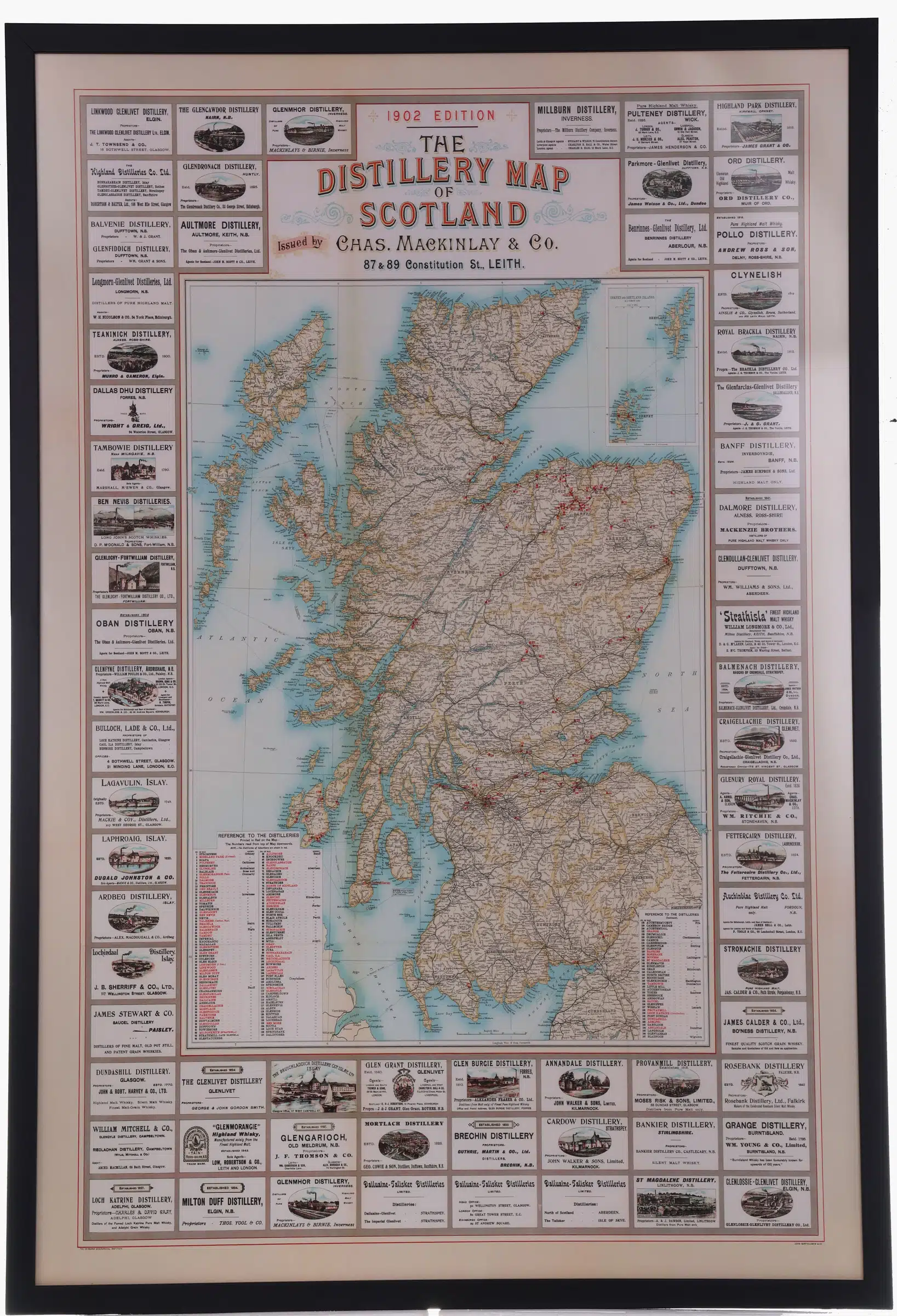 Distillery Map of Scotland in 1902 by John Bartholomew (Framed Print)